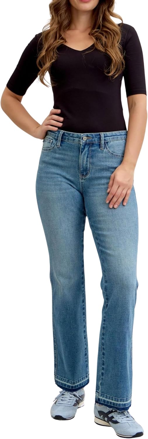 Judy Blue Mid Rise Slim Bootcut Tummy Control Jeans with Release Hem Stretch Denim, Inseam 32"