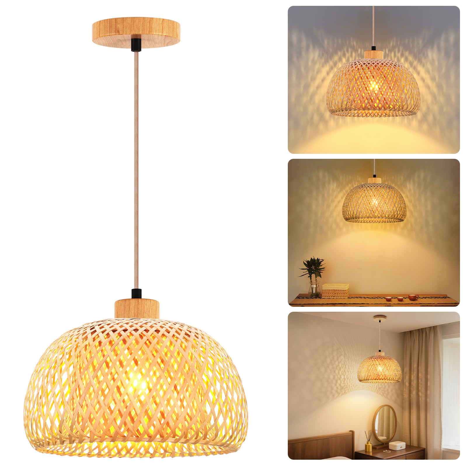 FRIDEKO HOME Hängelampe Rattan Natürlicher Bambus Pendelleuchte Esstisch mit E27 Fassung,Boho Lampe Deckenlampe Korb Lampenschirm Rattan für Schlafzimmer Wohnzimmer Flur Küche