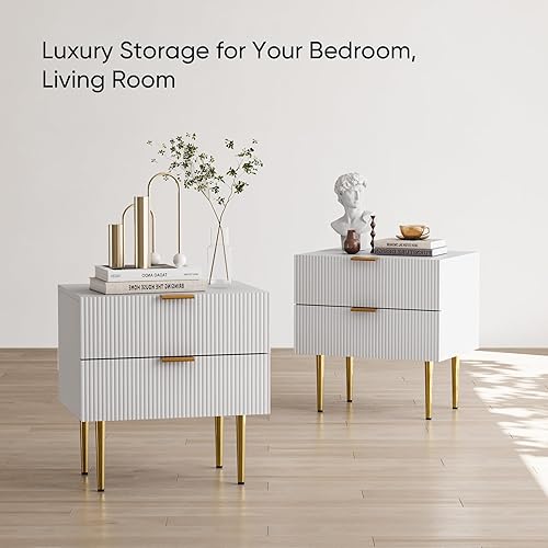 Miniatura 5 de Algherohein Mesita de noche blanca para dormitorio, mesita de noche acanalada, mesa auxiliar para sala de estar, mesita de noche moderna de mediados