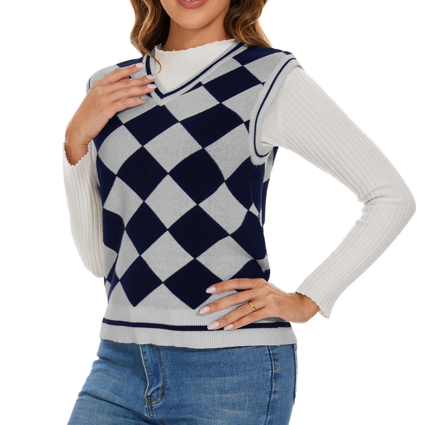 LarmlissWomen's Argyle Vest Casual V Neck Sleeveless Knit Vest Loose Preppy Style Plaid Crop Sweater Tank