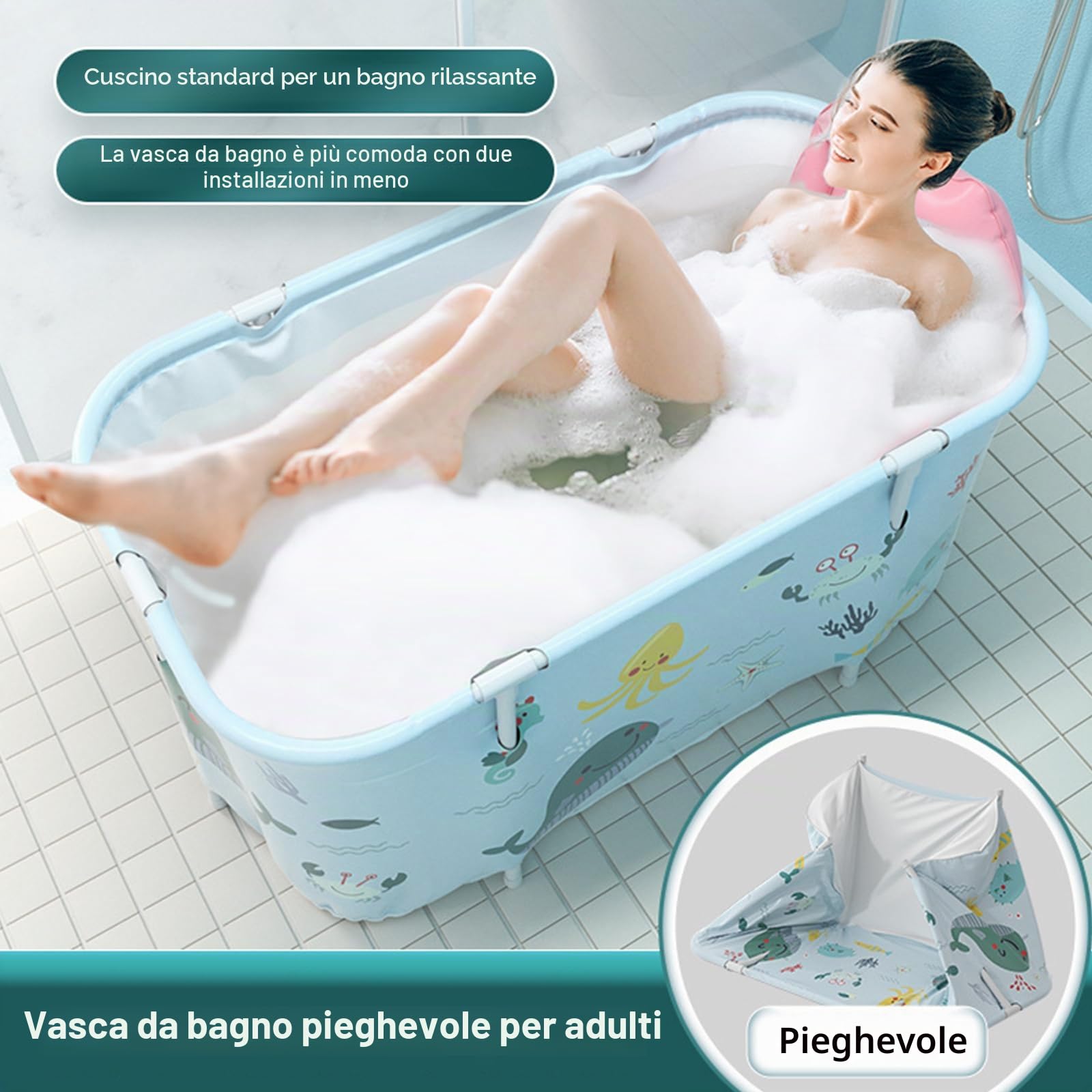 Vasca da bagno pieghevole per adulti, 140X50X55cm Vasca da bagno portatile con cuscino e schienale, vasca da bagno SPA per doccia, vasca da bagno pieghevole indipendente per adulti e bambini, stile