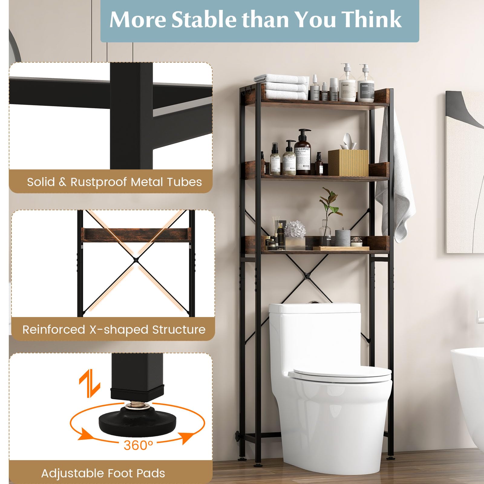 LIFEZEAL Mueble sobre indoro, Estante de 3 Niveles con 4 Ganchos, Mueble de almacenaje de baño, Estilo Industrial, Dispositivo antivuelco (Marrón)