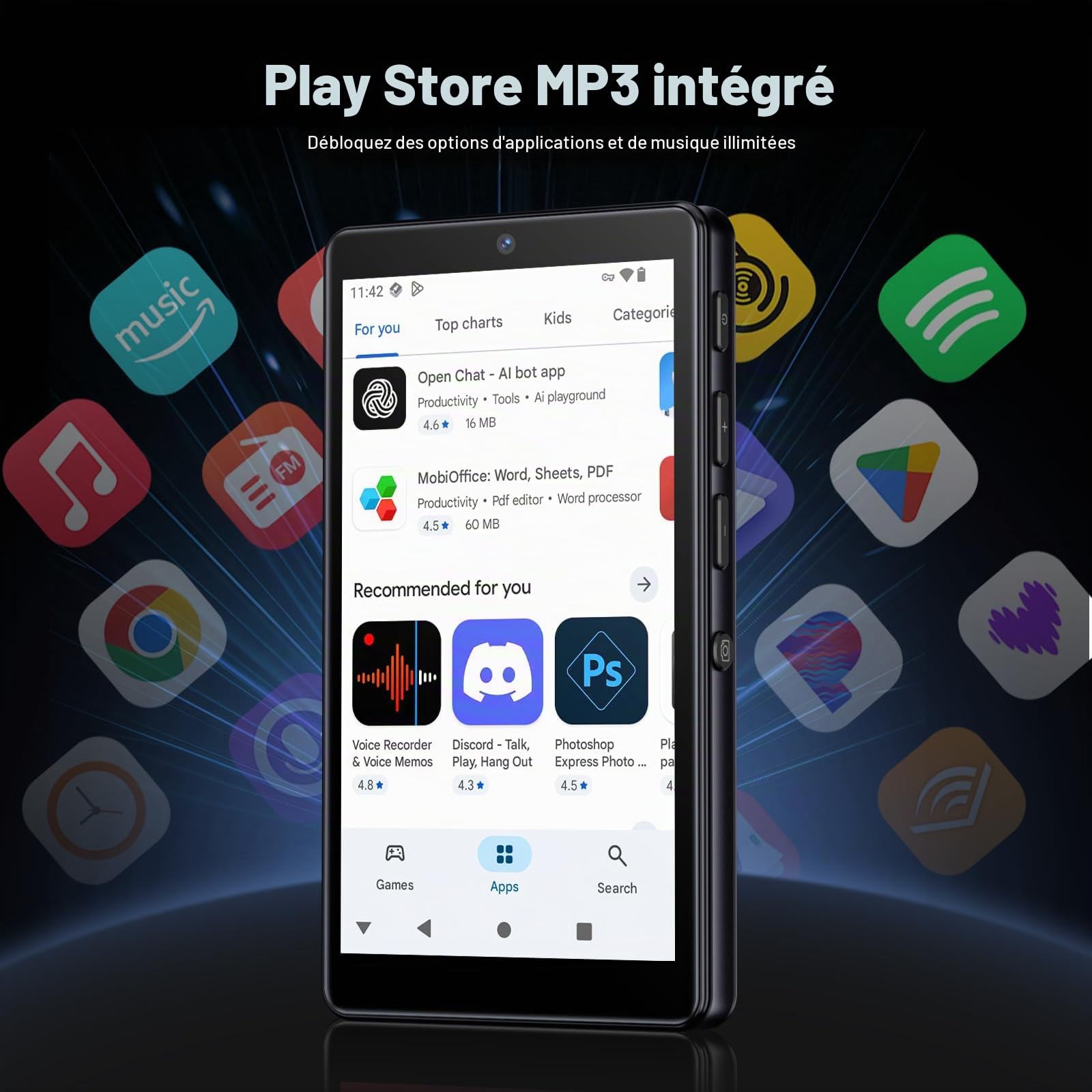 Lecteur MP3 32Go avec Bluetooth et WiFi, Caméra, Oilsky 4,02" Android 13 Lecteur de Musique HD avec Spotify, Audible, Deezer, MP4 écran Tactile et Haut-parleurs