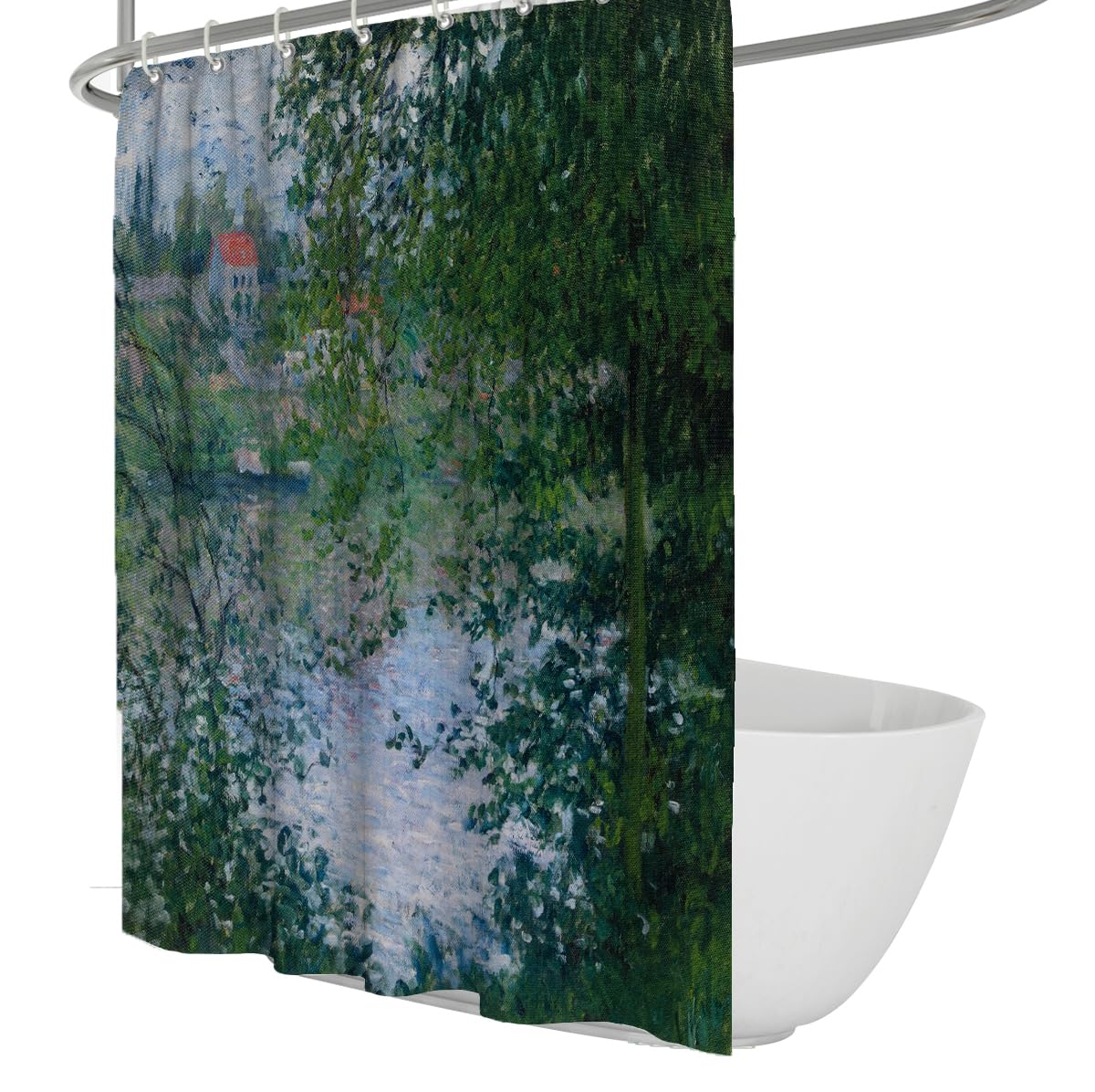 OLLIAR Home Impressionist Landscape Oil Painting Shower Curtain Vintage Green Forest Tree River View Printed Cloth Bath Curtain Waterproof Fabric with Hooks 150x180cm