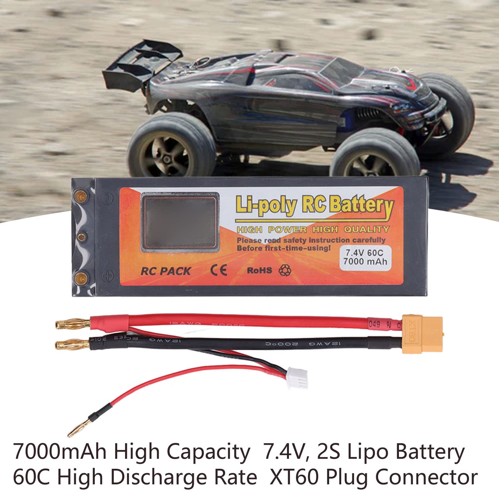 Generic Batteria Li Poly RC Potente Batteria Lipo da 7000 MAh 7,4 V 2S con Spina XT60 per Modello RC, Adatta per Modellismo di Auto 1/10 1/8, capacità Elevata per gli Appassionati di Auto