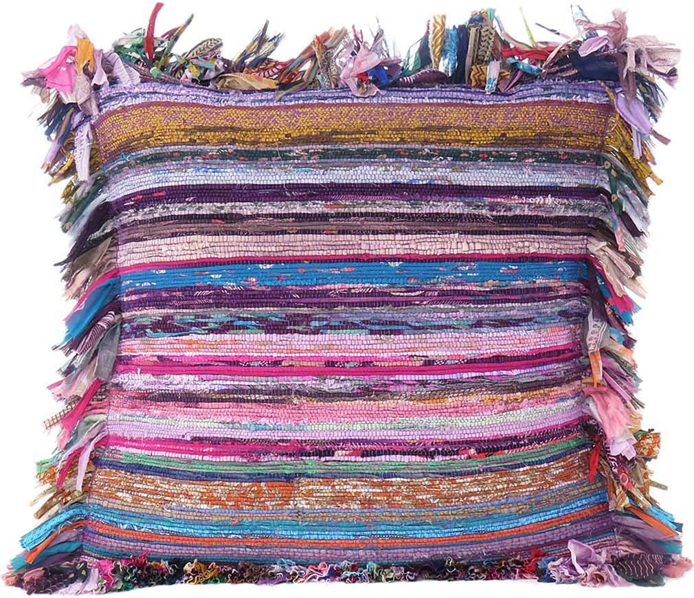 MAM Treasures Indian Pillow Throw Cover Indian Cushion Cover Boho Pillow Cushion Bohemian Striped Pillow Hand Woven Chindi Throw Pillow Sofa Pillow Cover (20X20 Inch, Purple)