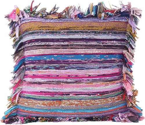 MAM Treasures - Funda de almohada bohemia de estilo chindi, decorativa, hecha a mano, para sofá, cama, sala de estar, 16 x 16 pulgadas, color morado