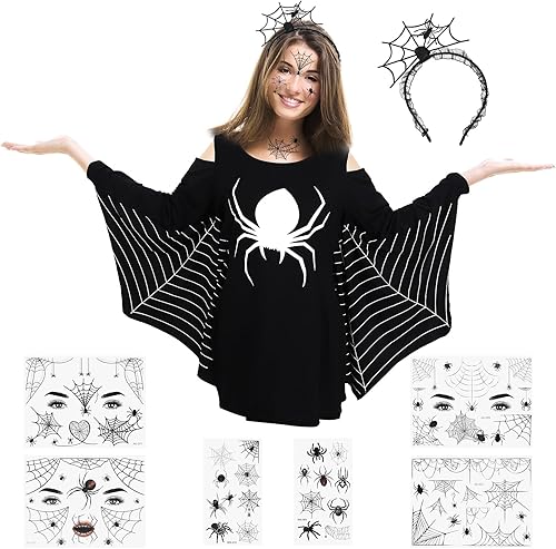 XLSXEXCL Juego de 8 piezas de disfraz de araña de Halloween para mujer, con aro de araña, fantasma, araña, araña, telaraña, tatuajes temporales,