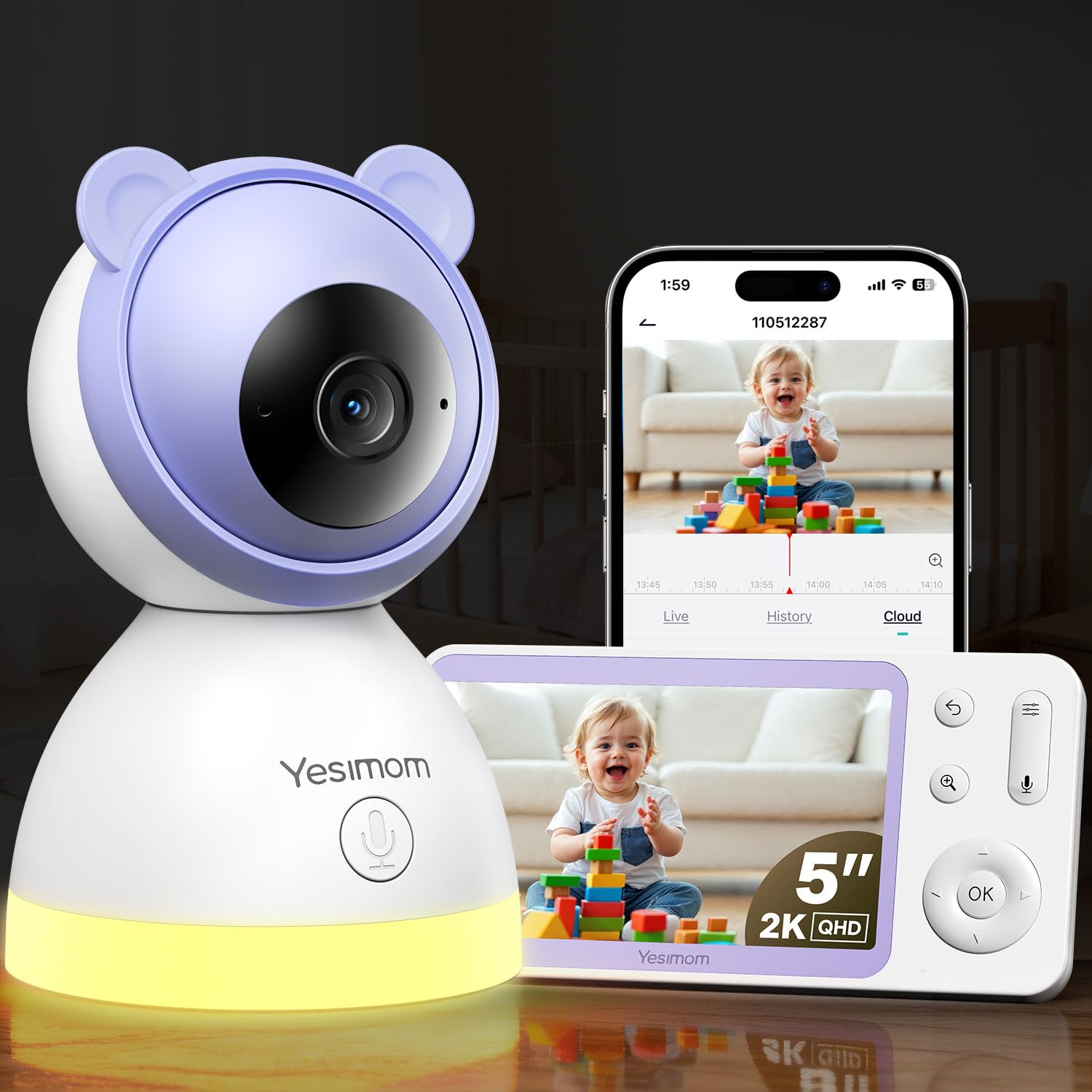 Baby Surveillance Camera 2K 3MP with 5" Portable Monitor, Remote App Baby Monitor, 360° Night Vision 940nm without Red Light, Crying Detection, Power Reminder, No Subscription Global Recycled Standard Global Recycled Standard Global Recycled Standard