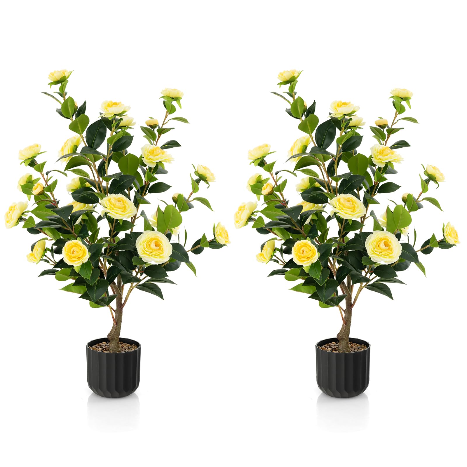 DREAMADE Artificial Camellia Tree Set of 2, 38” Tall Potted Plants Artificial Decoration w/Cement Pot, 24 Flowers, Decorative Bonsai, Faux Plant