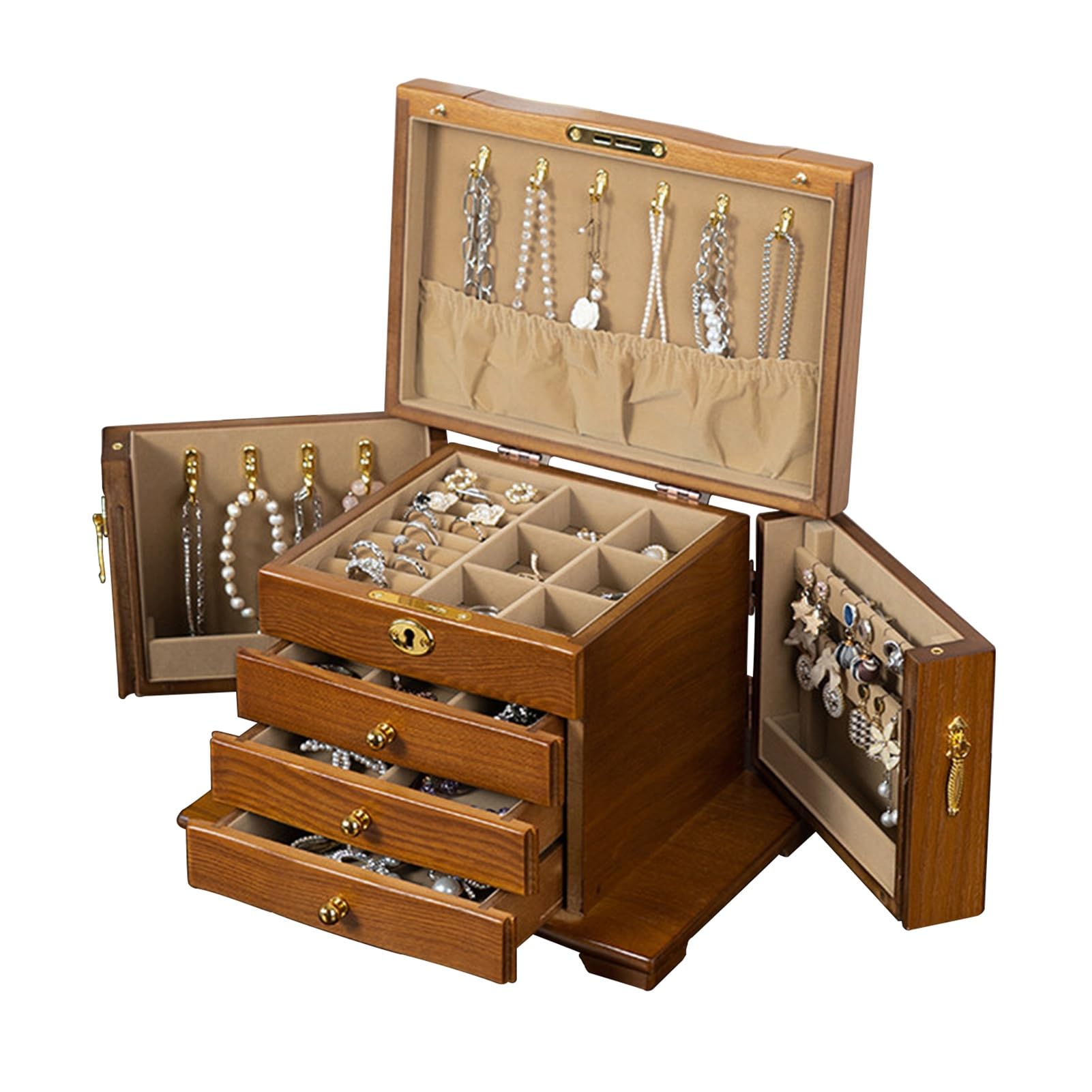 SDFSDE 4-Layer Wooden Jewelry Box With Lock Luxury Jewelry Organizer And Storage Box For Watches Necklaces Rings Earrings Bracelets For Women