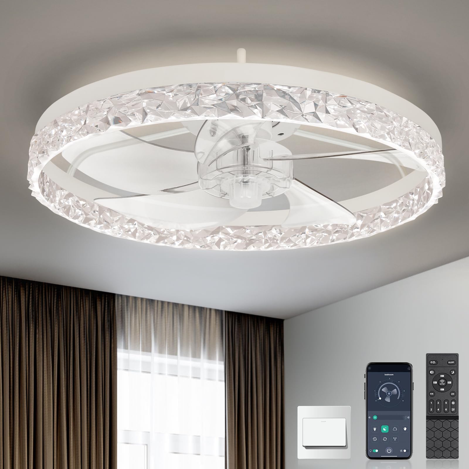 Ceiling Fans with Lights 19'' Low Profile Flush Mount Ceiling Fan with Lights and Remote 6 Wind Speeds 3 Colors Temperature Dimmable Reversible Ceiling Fan, White
