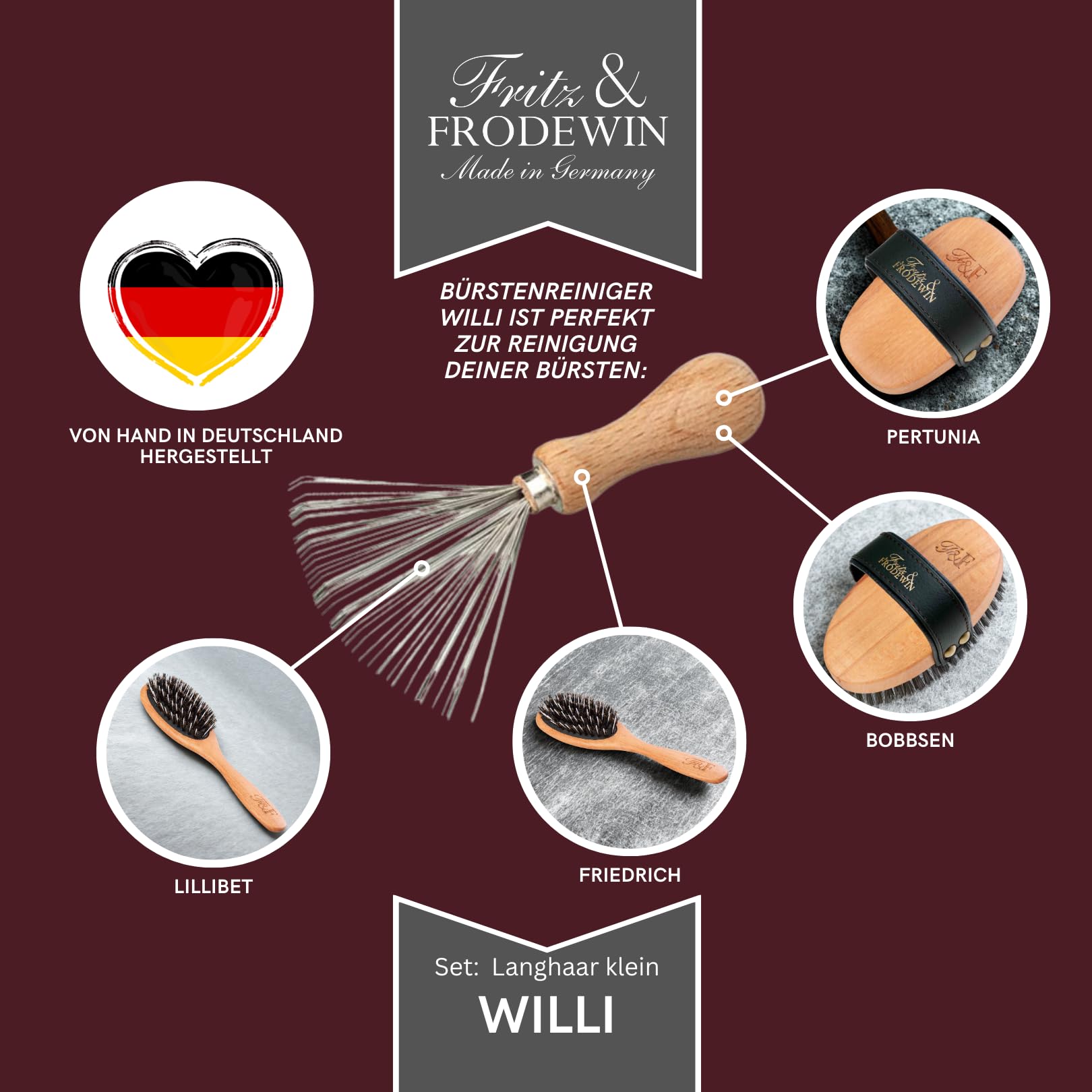 Fritz & Frodewin Hundebürsten-Set "Langhaar klein" | Premium Hundehaarbürsten | Fellbürsten | Für die tägliche Pflege | FSC zertifiziertes Holz | Gratis Bürstenreiniger | 100% Made in Germany