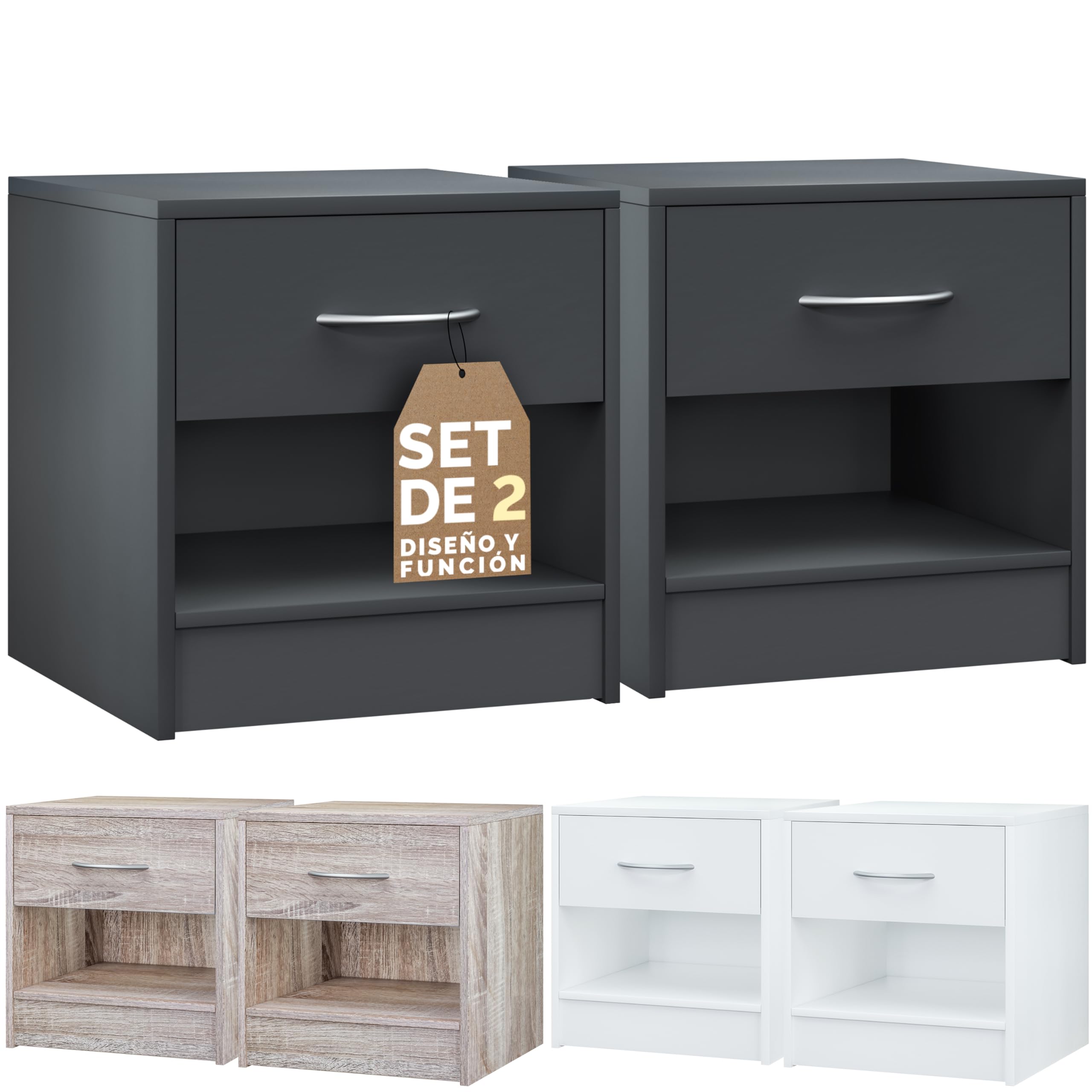 CASARIA® Mesita de Noche Juego de 2 Mesilla Dormitorio Cama Mesa Auxiliar Salón con Cajón Amplio Moderno Resistente Estable 41x39x28cm Mueble Antracita