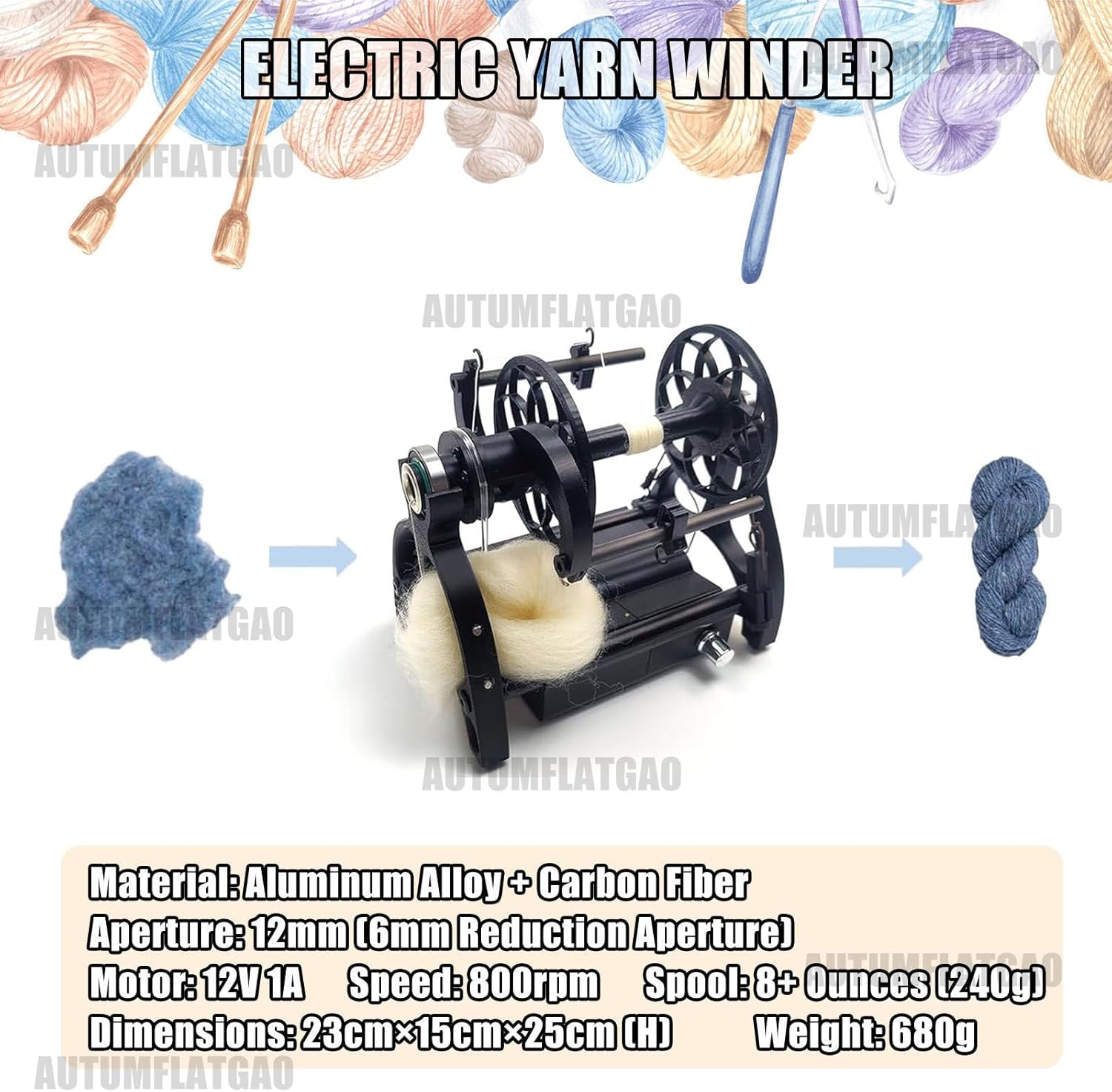 12V Electric Spinning Wheel for Yarn Making, 8oz(240g) Capacity, Yarn Spinner Kit with Adjustable Speed, Household Wool Spinning Fibre Spinning Wheel for DIY Artisans Black