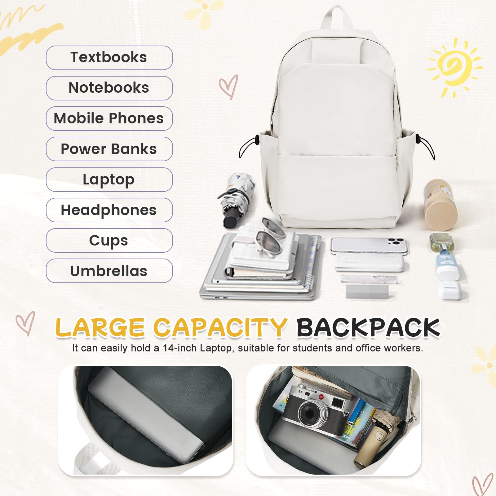 HYC00 Zaino Scuola Media Ragazza Zaino da Scuola Superiore Leggero Zaino Università College Zaino Casual Daypack Backpack Zaini Scuola Cartella Impermeabile 14 Pollici Laptop Bag Zainetto Zaini Donna