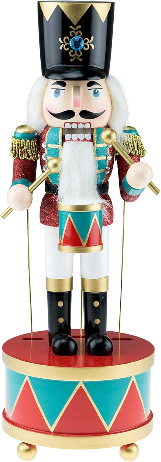 Clever Creations White Drummer Music Box 12 Inch Traditional Wooden Nutcracker, Festive Christmas Décor for Shelves and Tables