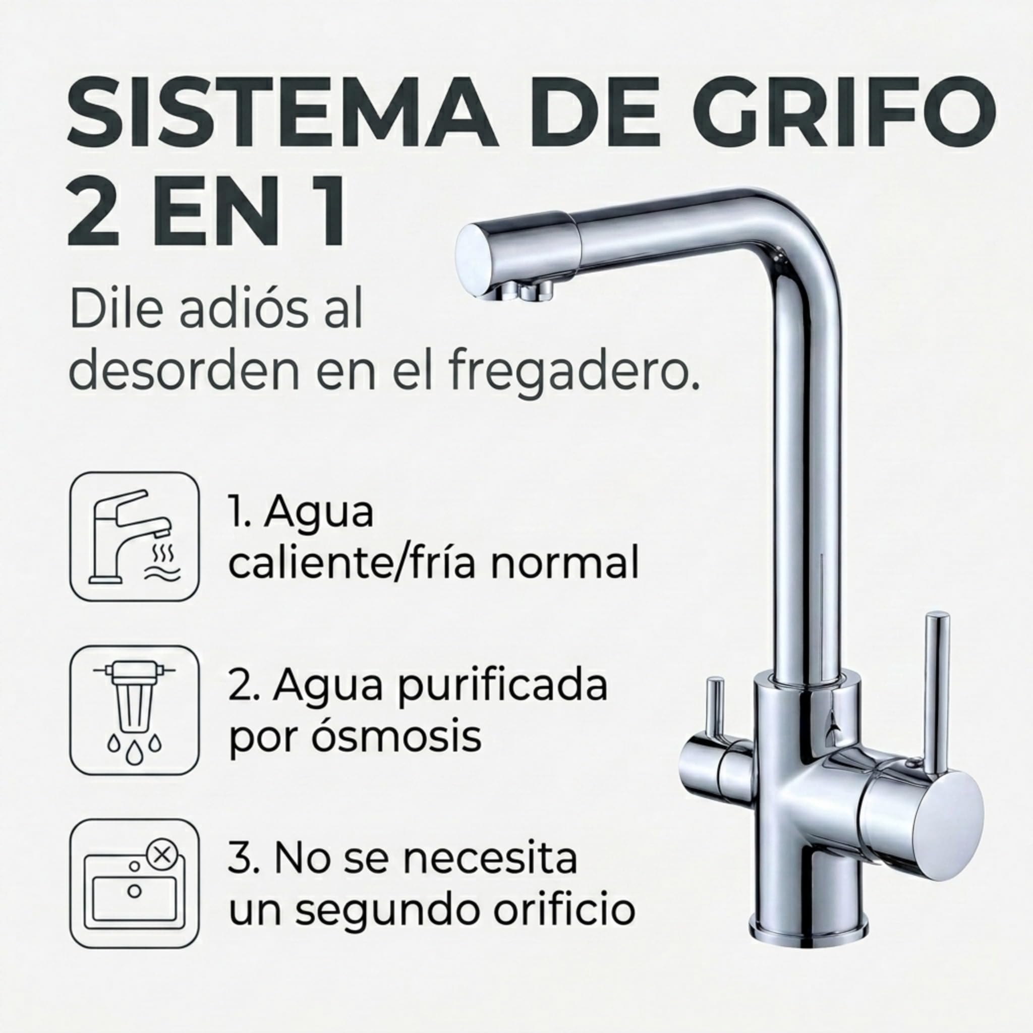 VALAZ Grifo Osmosis 3 Vías Cromado | Grifos Cocina Fregadero | Alta Presión, Monomando, Giratorio 360º, Ahorro de Agua | Instalación Fácil y Rápida | Latón, Acero Inoxidable, Serie Nilo