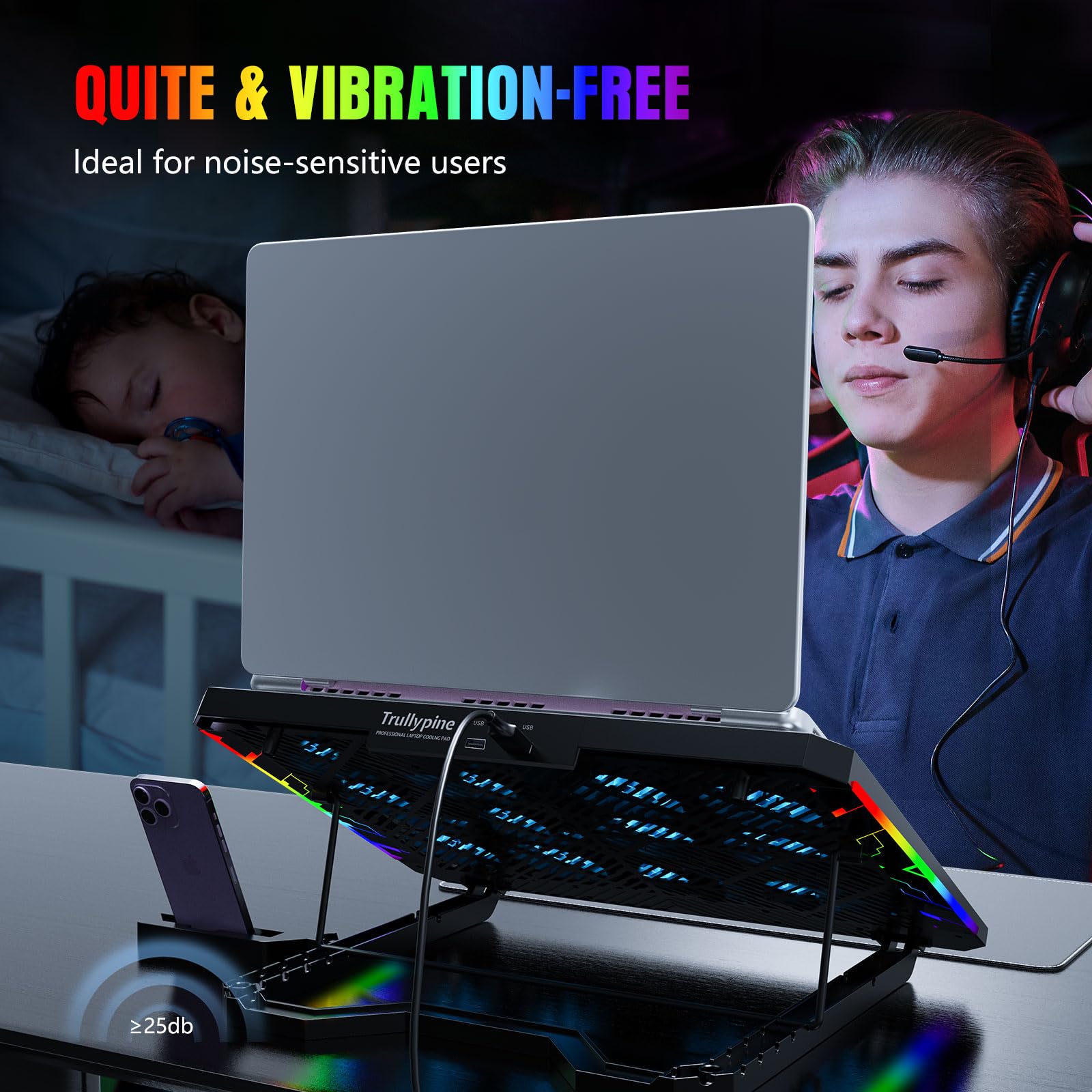 Almohadilla de refrigeración para laptop con 12 ventiladores silenciosos, portátil delgada para soporte enfriador de laptop de 12 a 17.3 pulgadas, iluminación RGB, con 5 alturas ajustables 7