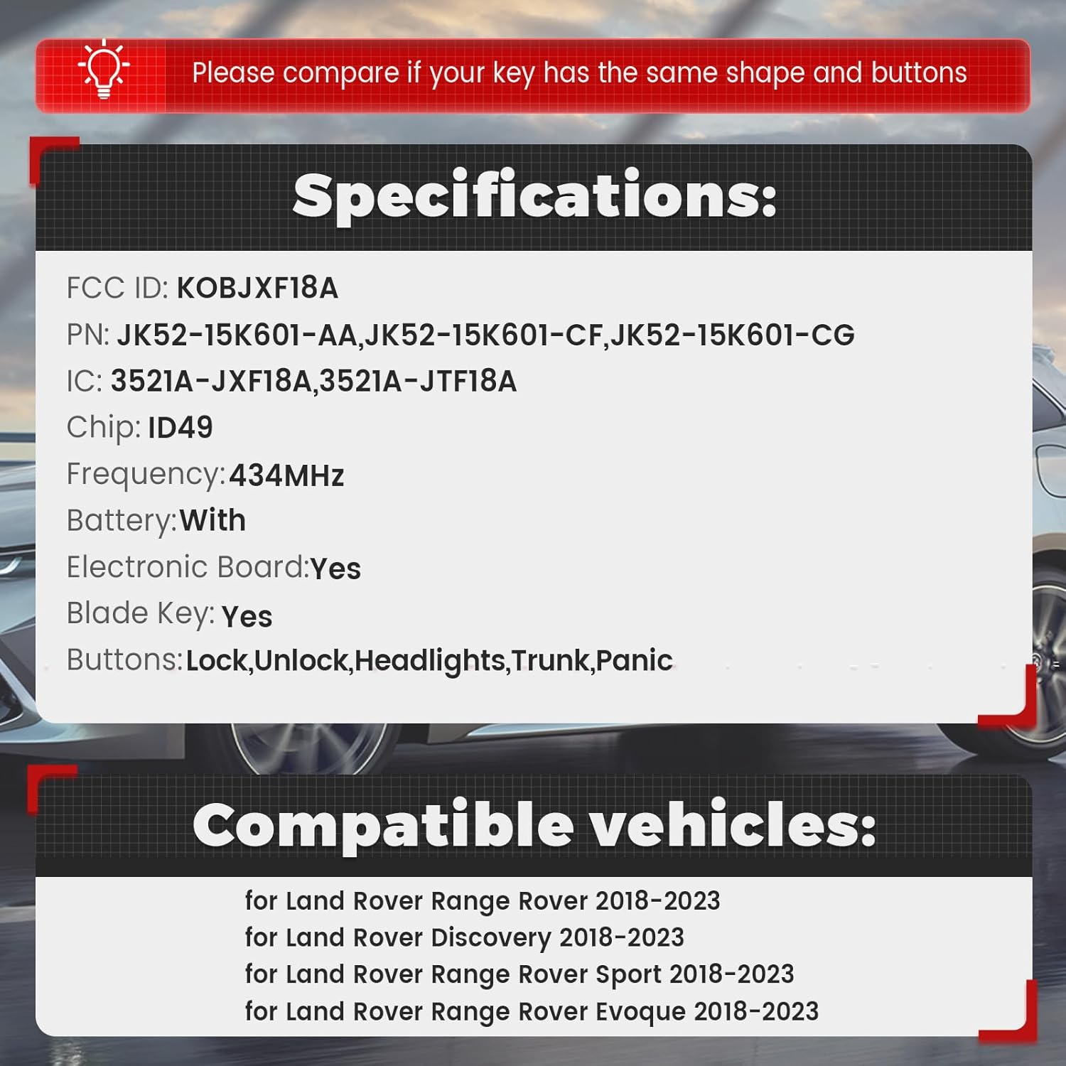 Beefunny Smart Remote Key Fob Replacement for Land Rover Discovery Range Rover Sport Evoque 2018 2019 2020 2021 2022 2023 Half Keyless Car Key 315Mhz FCC ID: KOBJXF18A, P/N: JK52-15K601-xx - Image 2