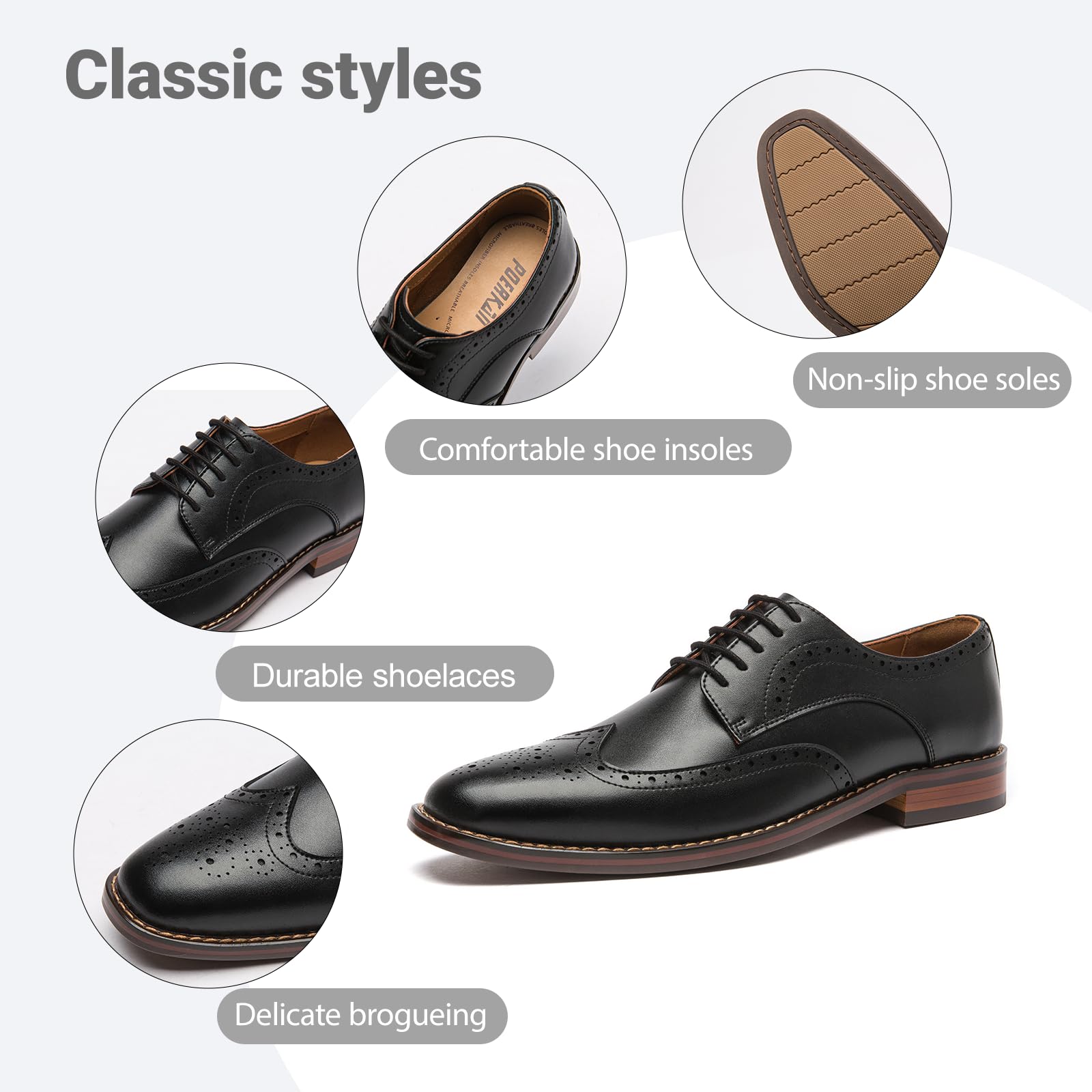 Poerkan Men's Oxford & Derby Formal Dress Shoes: Lace - up Leather Classics in Black and Brown with Patent Brogue Details