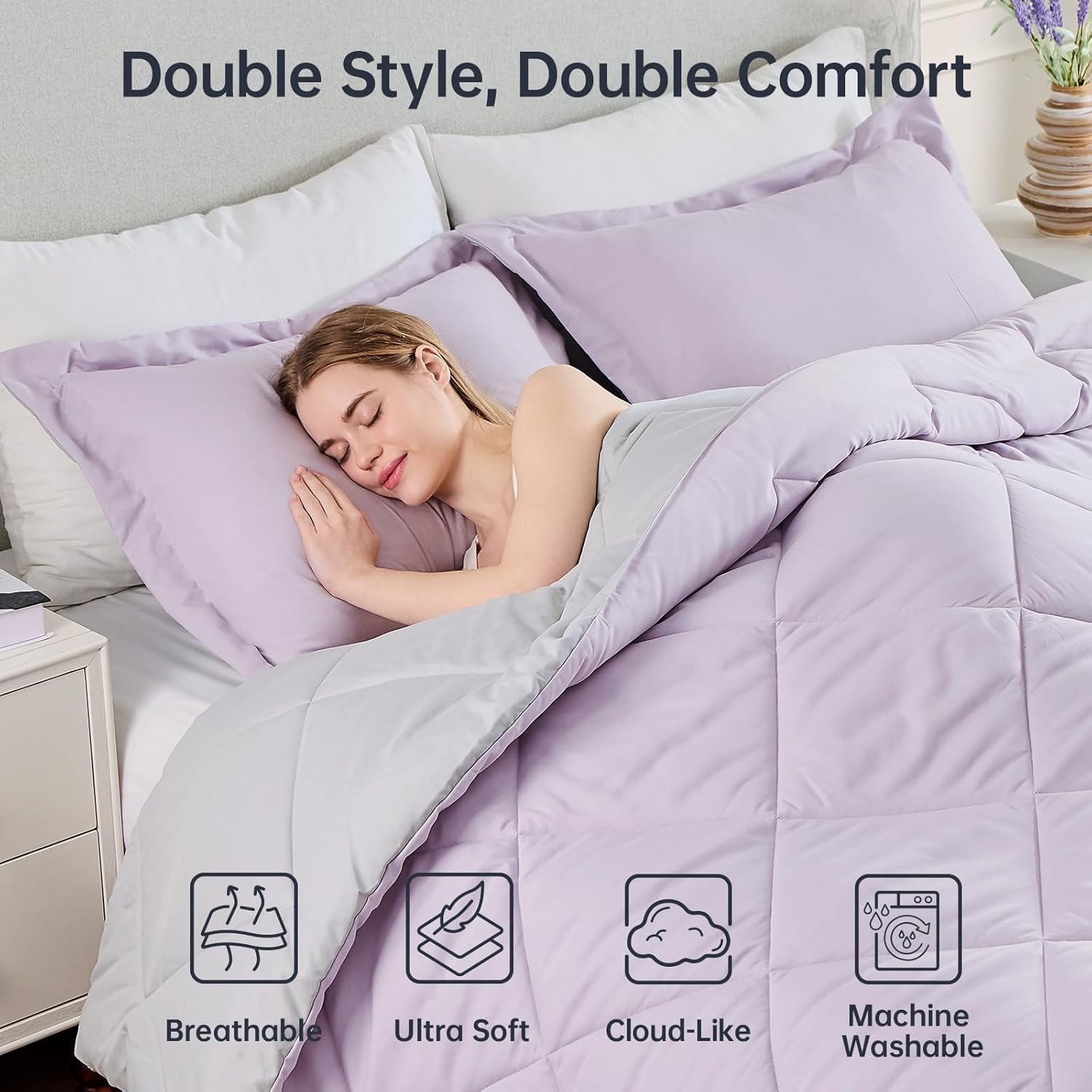 JOLLYVOGUE King Size Comforter Set, Ultra Soft Reversible Bedding for All Seasons, 3 Pieces Down Alternative Bed Set Includes 1 Lightweight Comforter and 2 Pillow Shams, Lavender/Light Grey