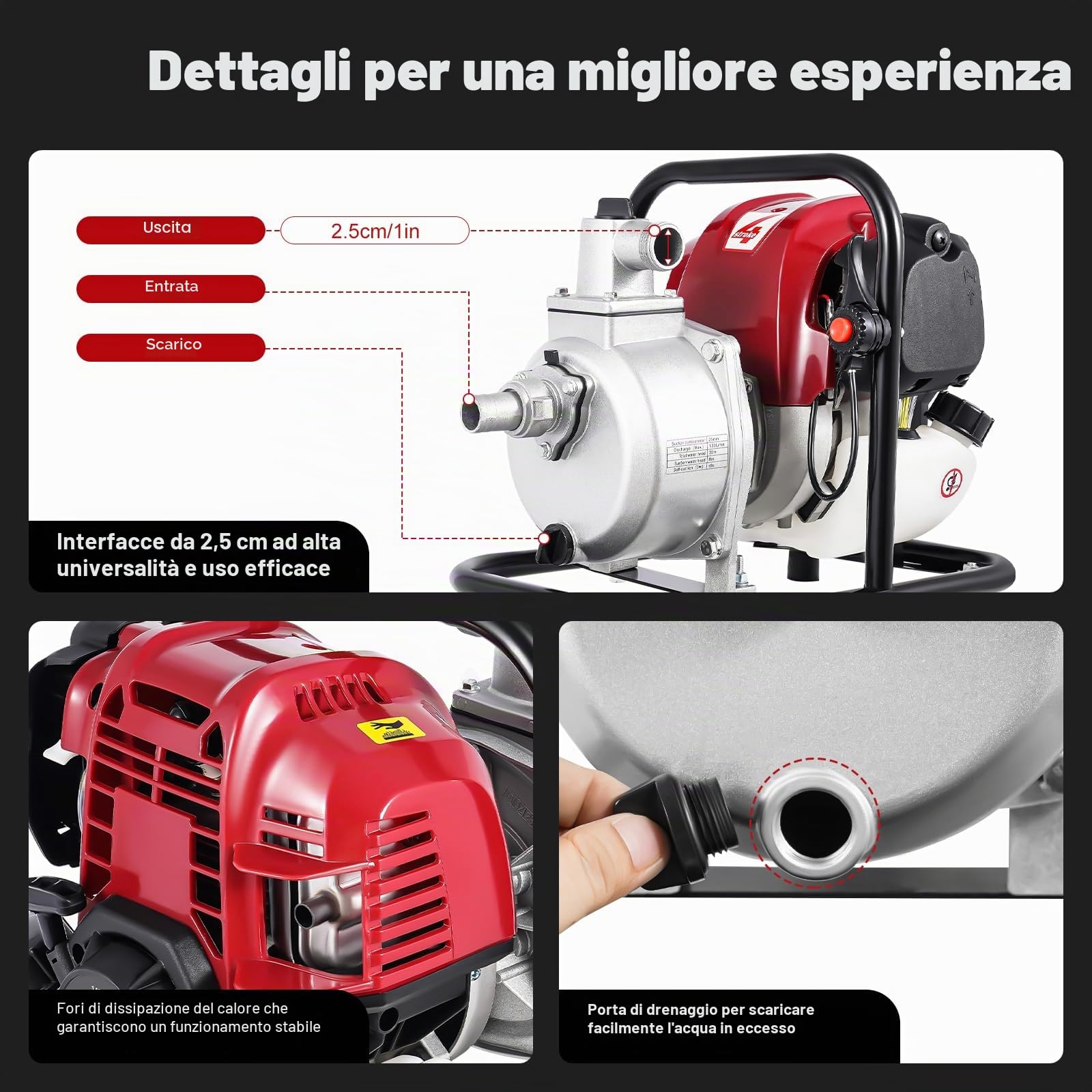 Pompa dell'acqua a benzina a 4 tempi, pompa motore da 1,2 kW con 8100 l/h e 30 m di altezza di estrazione, 10500 giri/min, avviamento via cavo, capacità serbatoio olio 900 ml, diametro