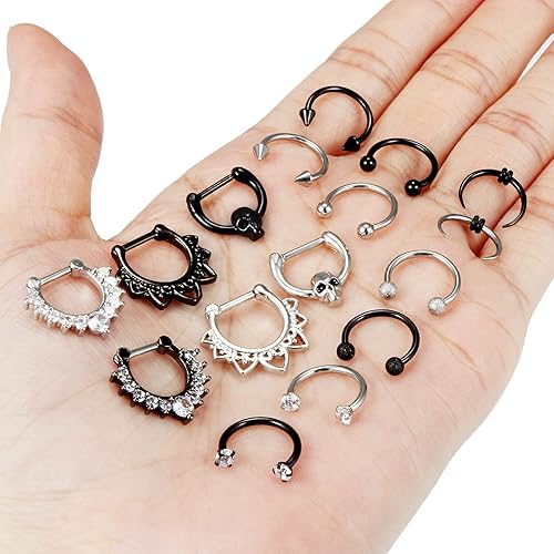 Miniatura 5 de Hoeudjo Piercing para el tabique clicker de acero quirúrgico 16G, joyería de piercing corporal con circonita cúbica transparente, para mujeres y