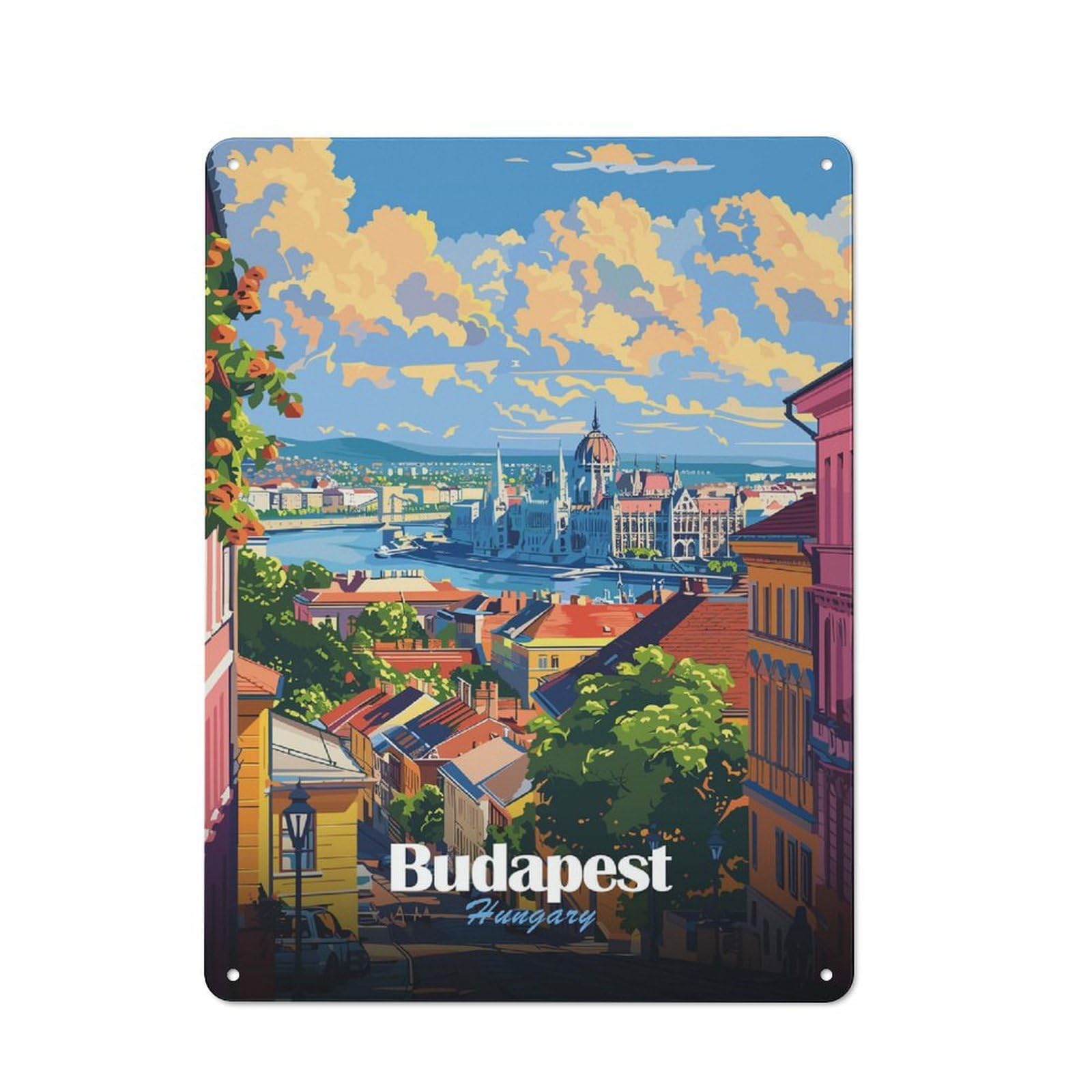 Nostalgic Budapest, Hungary Cityscape Illustration Decorative Tin Plaque 40x30cm, Classic Pub Decor for Diner, Restaurant, Shed Or Kitchen