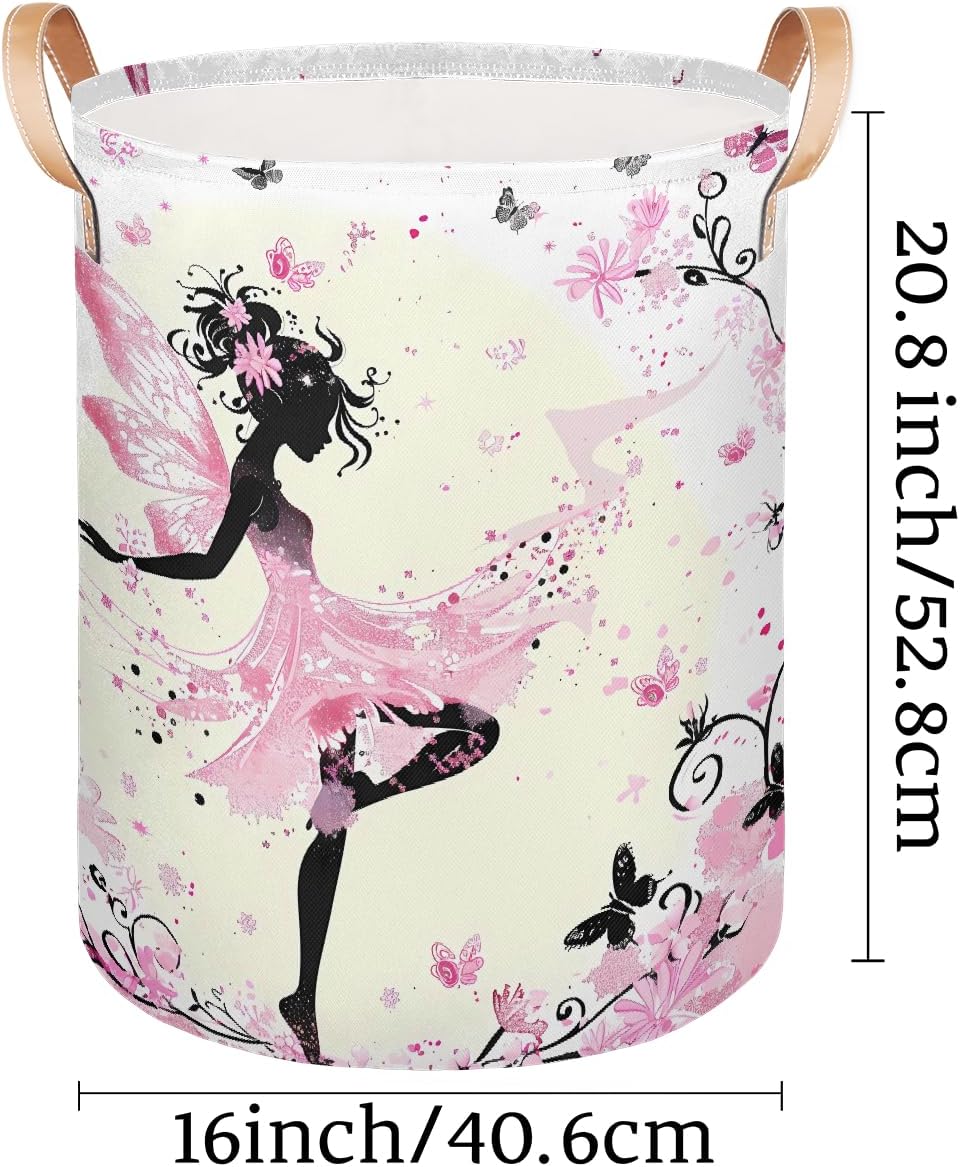 Laundry Basket Cute Pink Fairy Butterfly Girls Foldable Laundry Hamper with Handles Tote Bag Clothes Storage Bucket Toy Organizer for Bathroom Laundry