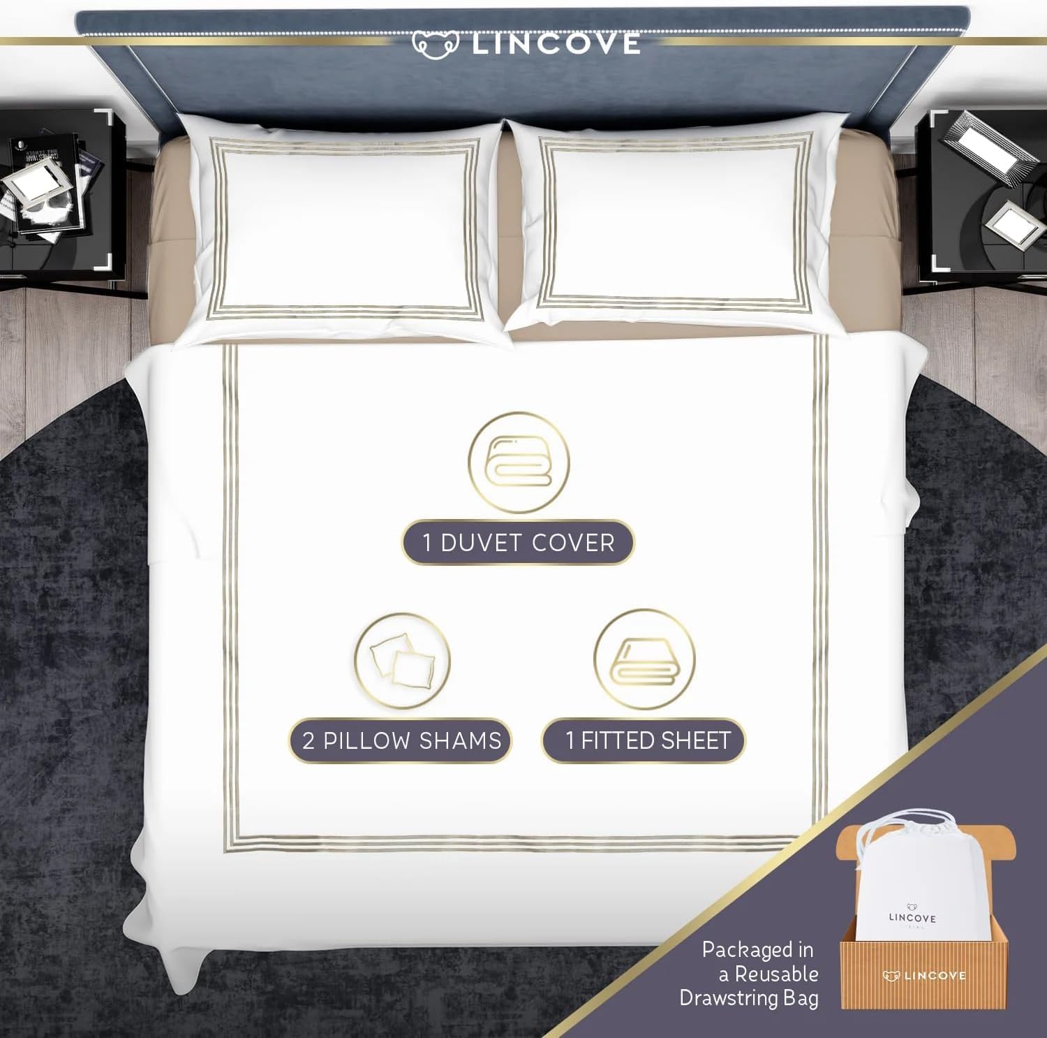 Lincove 100% Cotton Duvet Cover King Size - 400 Thread Count Soft White Duvet Cover with 2 Pillow Shams and 1 Fitted Sheet - Almeria Style Comforter Cover with Button Closure & Corner Ties -90" x 106"
