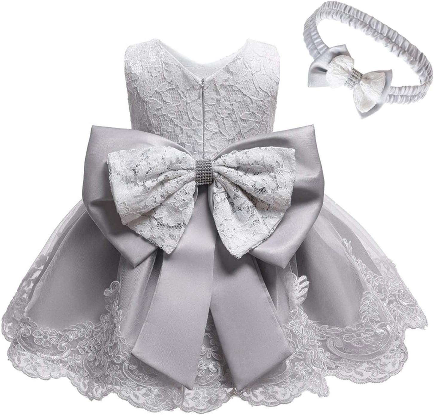 Formal Tutu Bowknot Princess Wedding Baby Clothes Lace Dress+Headband Girls Set Baby Holiday (Grey, 0-3 Months)