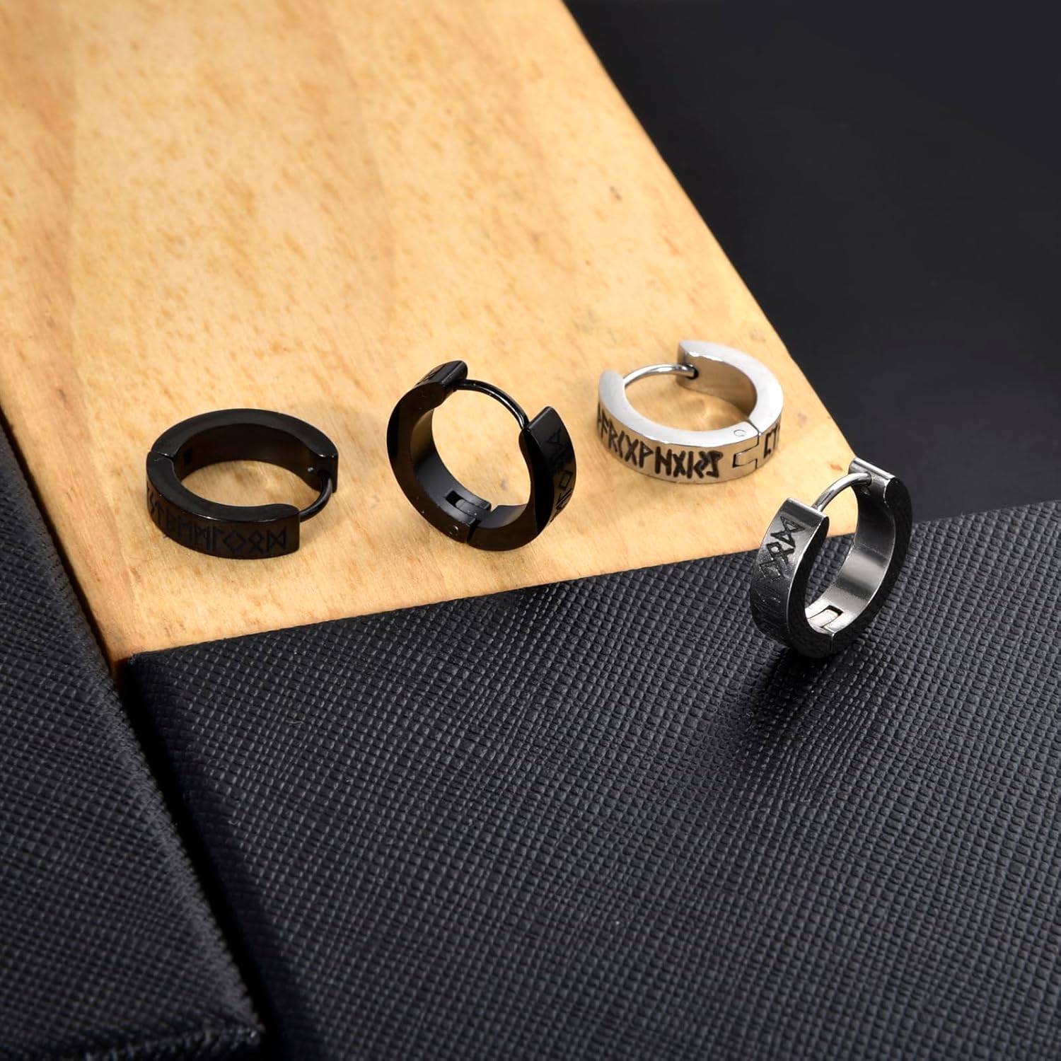 Lantine Viking Rune Hoop Earrings for Men Stainless Steel Black Huggie Hinged Hoop Norse Earrings Minimalist - Image 7