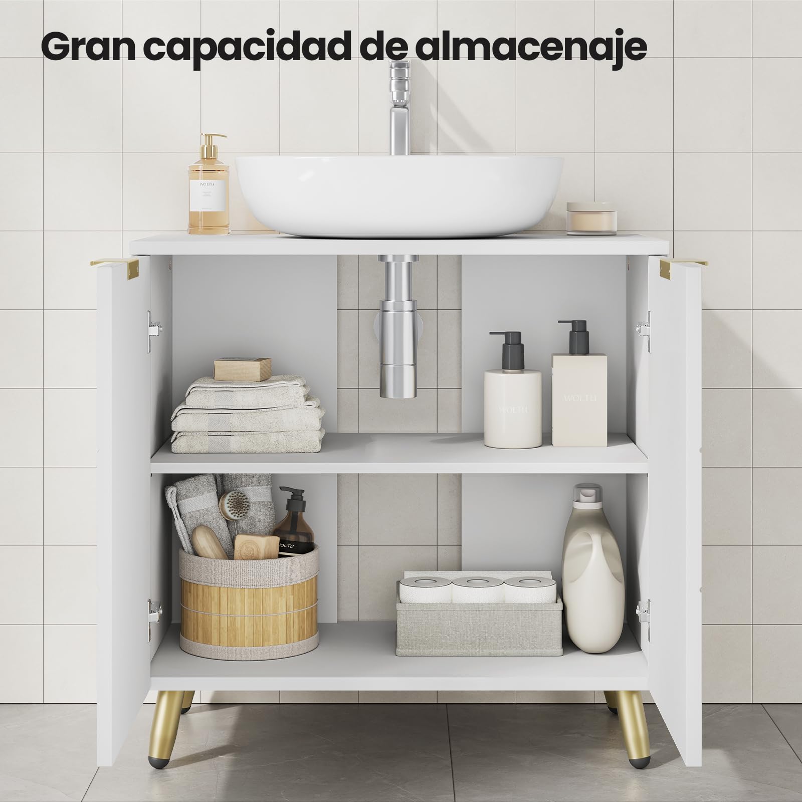 EUGAD Armario Bajo Lavabo de Baño Blanco, Mueble Armario con Orificio Sifón 12,5x18,5 cm, 60x30x60 cm