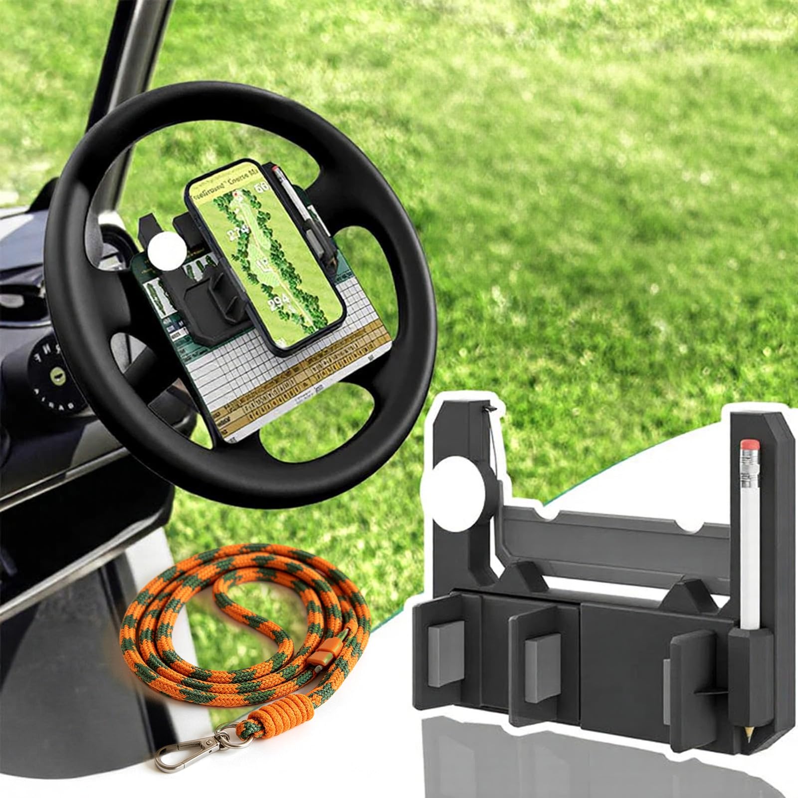 Supporto per Telefono da Volante per Golf Cart, Supporto Ribaltabile per Telefono da Golf Cart con Slot per scorecard, Supporto per Telefono da Volante per Golf Cart Regolabile a 360°