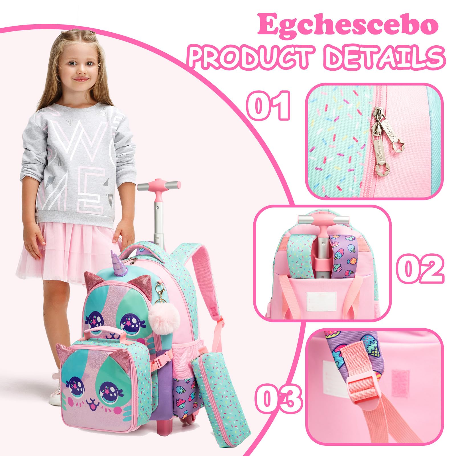 Mochilas Escolares con Animales Ruedas Carro Niña 17" 3PCS Mochila Carrito para Trolley Escolar Bolso de Viaje Estuche Stitch Mujer Maleta Colegio Grande Medianas Infantil Niñas Rosa