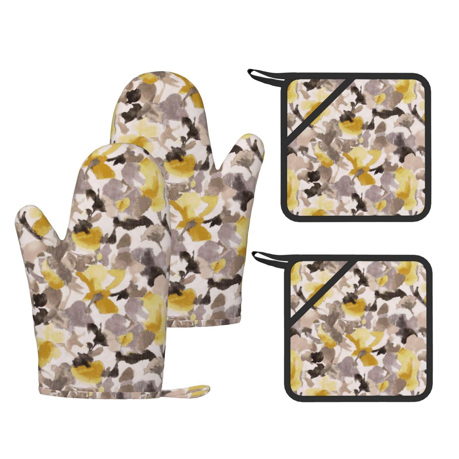 Ofenhandschuh-Set, hitzebeständige Handschuhe und Pad, gelb-grauer Blumendruck