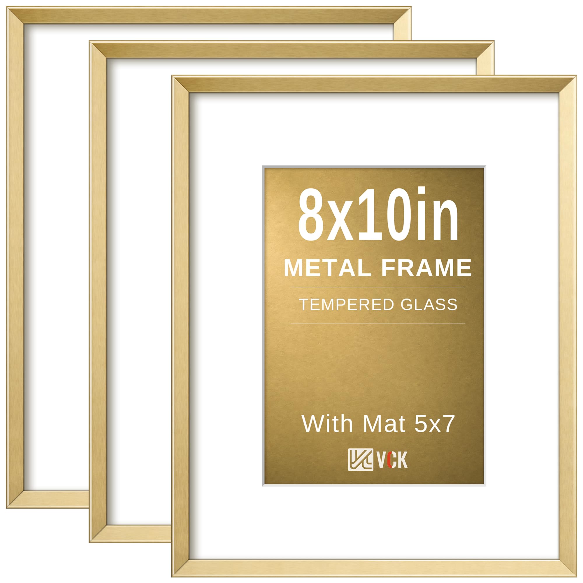 VCK 8x10 Metal Picture Frames Gold Set of 3, Multi Aluminum Picture Frames Made of High Definition Real Glass for 5x7 with Mat or 8x10 Without Mat, Wall Hanging