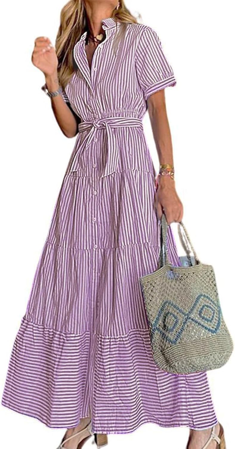 utcoco Womens Casual Short Sleeve Button Down Tie Waist Ruffled Striped Maxi Shirt Dress