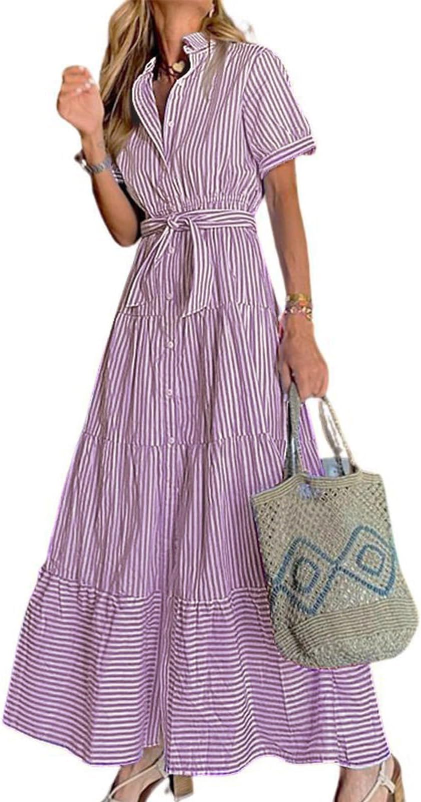 utcoco Womens Casual Short Sleeve Button Down Tie Waist Ruffled Striped Maxi Shirt Dress