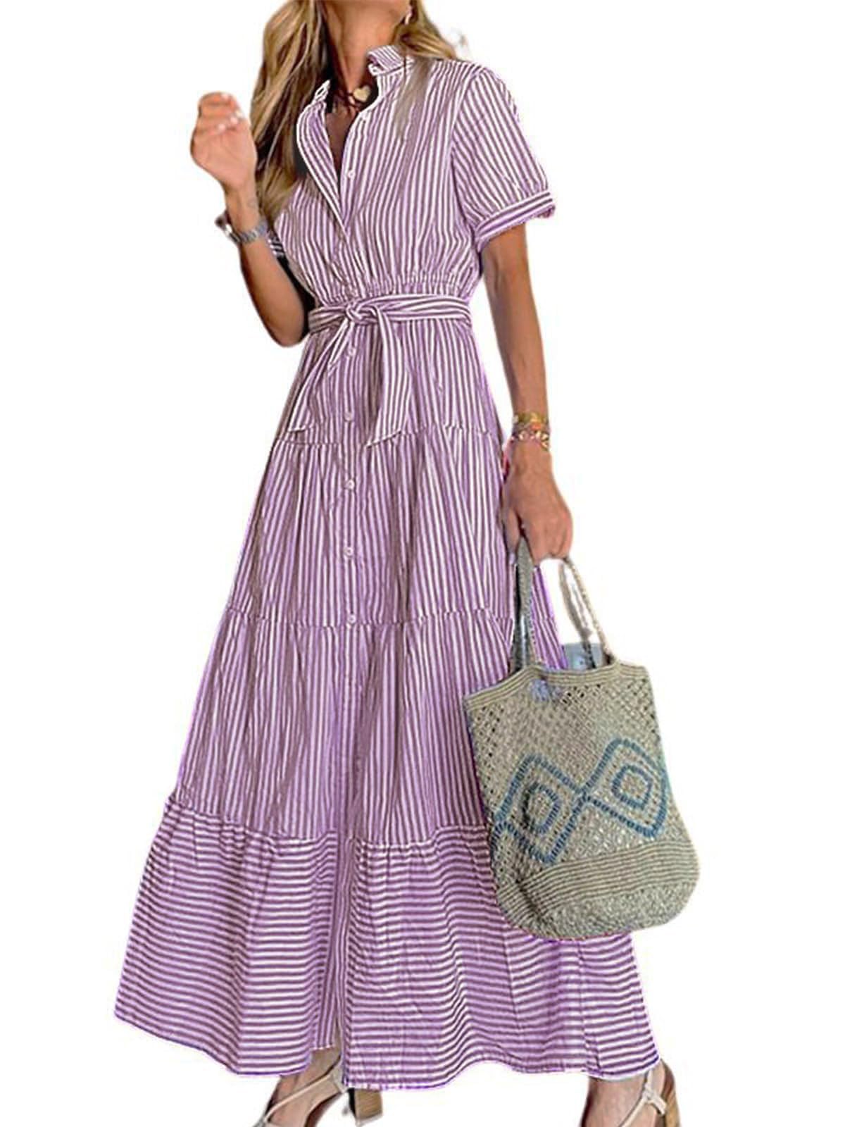 Photo 1 of ***DAMAGED*** utcoco Womens Casual Short Sleeve Button Down Tie Waist Ruffled Striped Maxi Shirt Dress (X-Large, Purple)