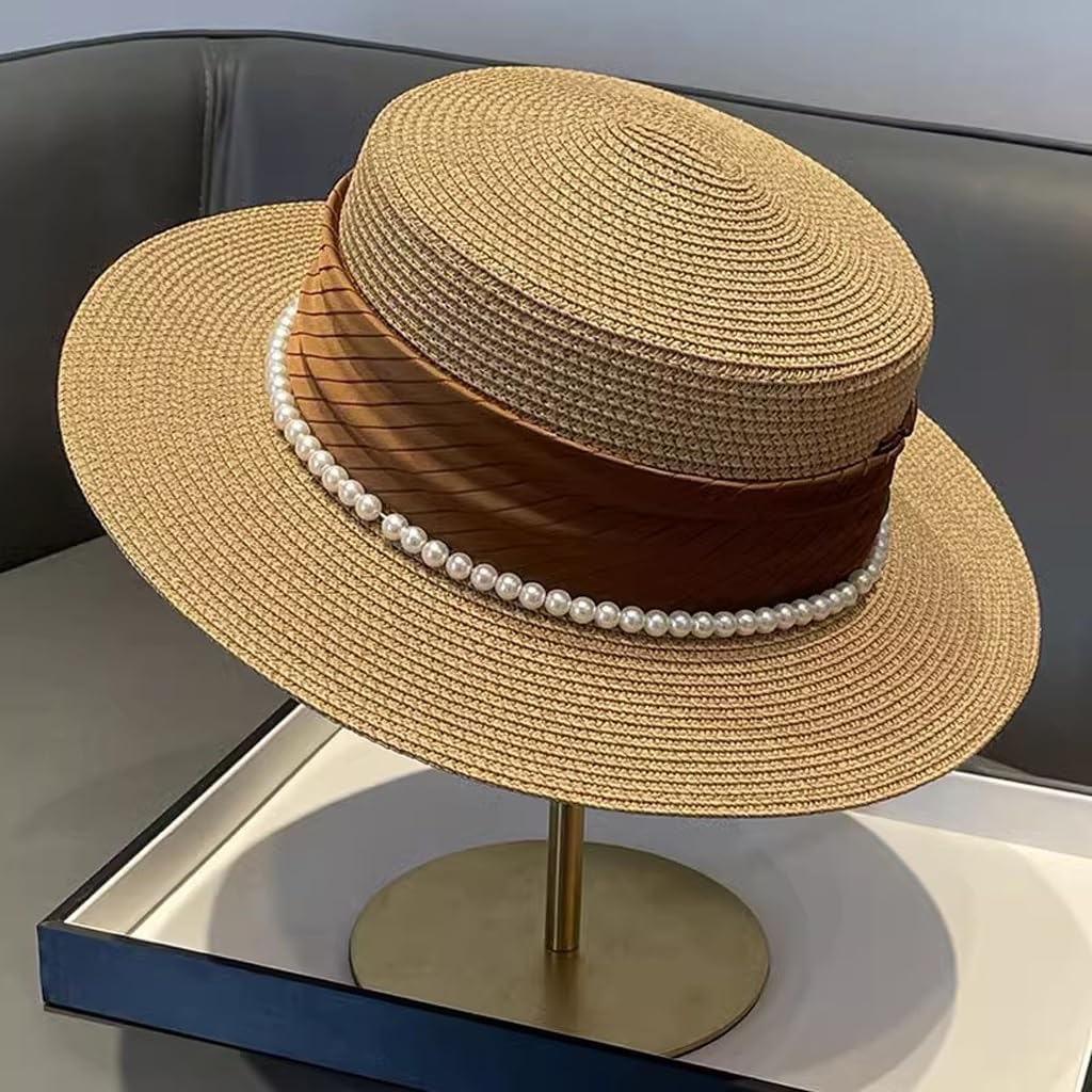 Celebrity Wind Flat Top Hat Elegant Pearl Seaside Sun Protection