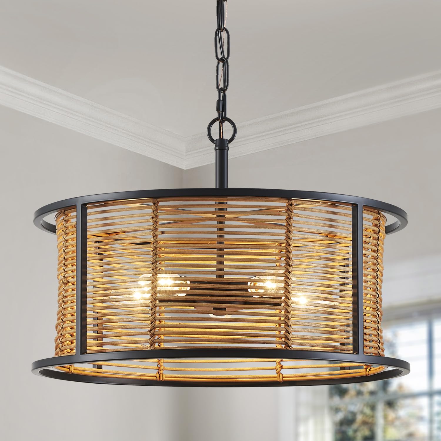 Saint Mossi 5 Light Drum Chandeliers, Farmhouse Light Fixtures, Drum Pendant Light for Dining room, E12 Sockets, D18'' x H11'', Adjustable Max Height 59", Rattan Lampshade & Black Finish Metal Frame