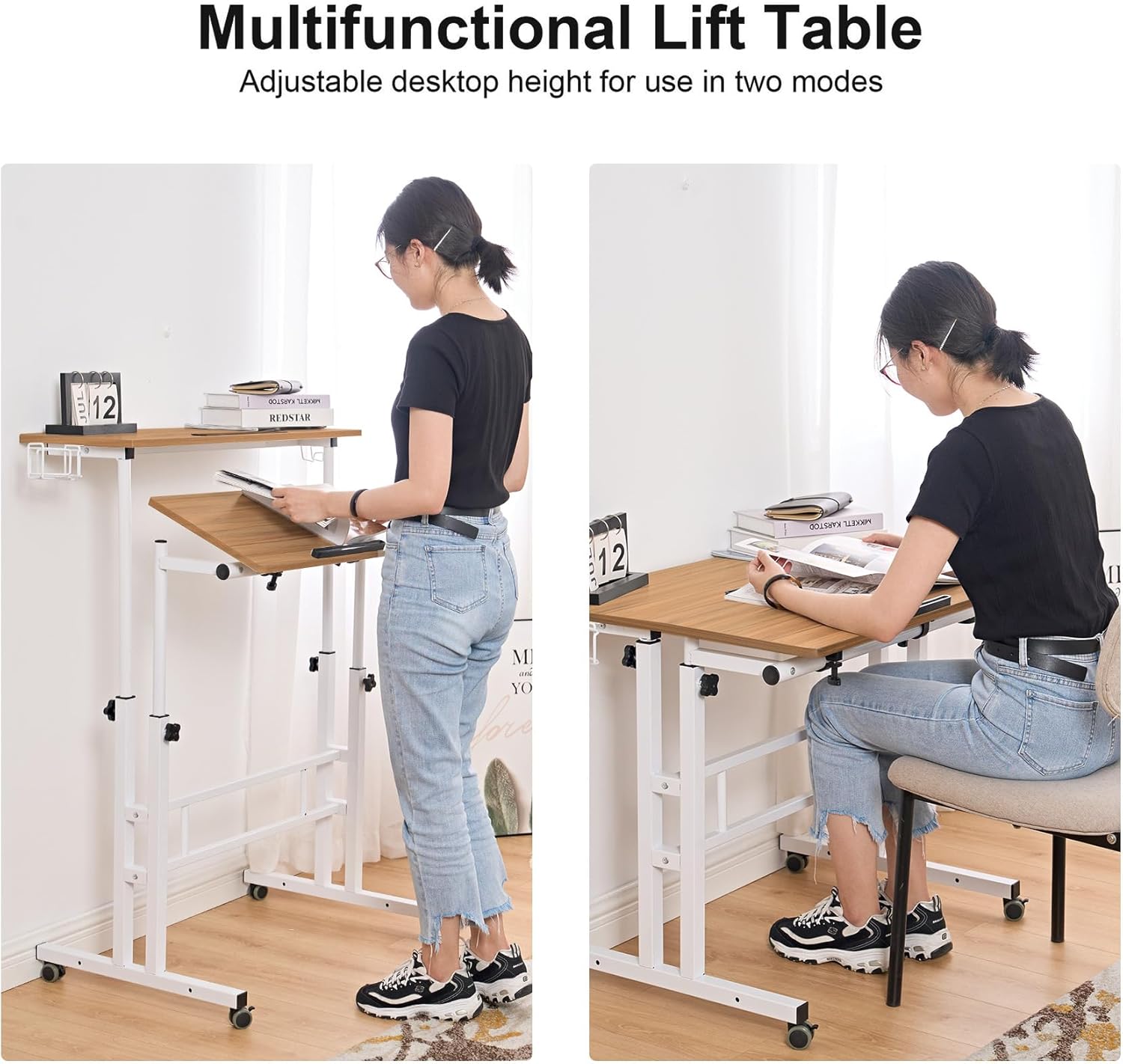 soges Rolling Standing Desk, Height Adjustable Home Office Desk, Mobile Sit-Stand Laptop Desk with Cup Holder and Hook, Portable Desk with Wheels, Oak
