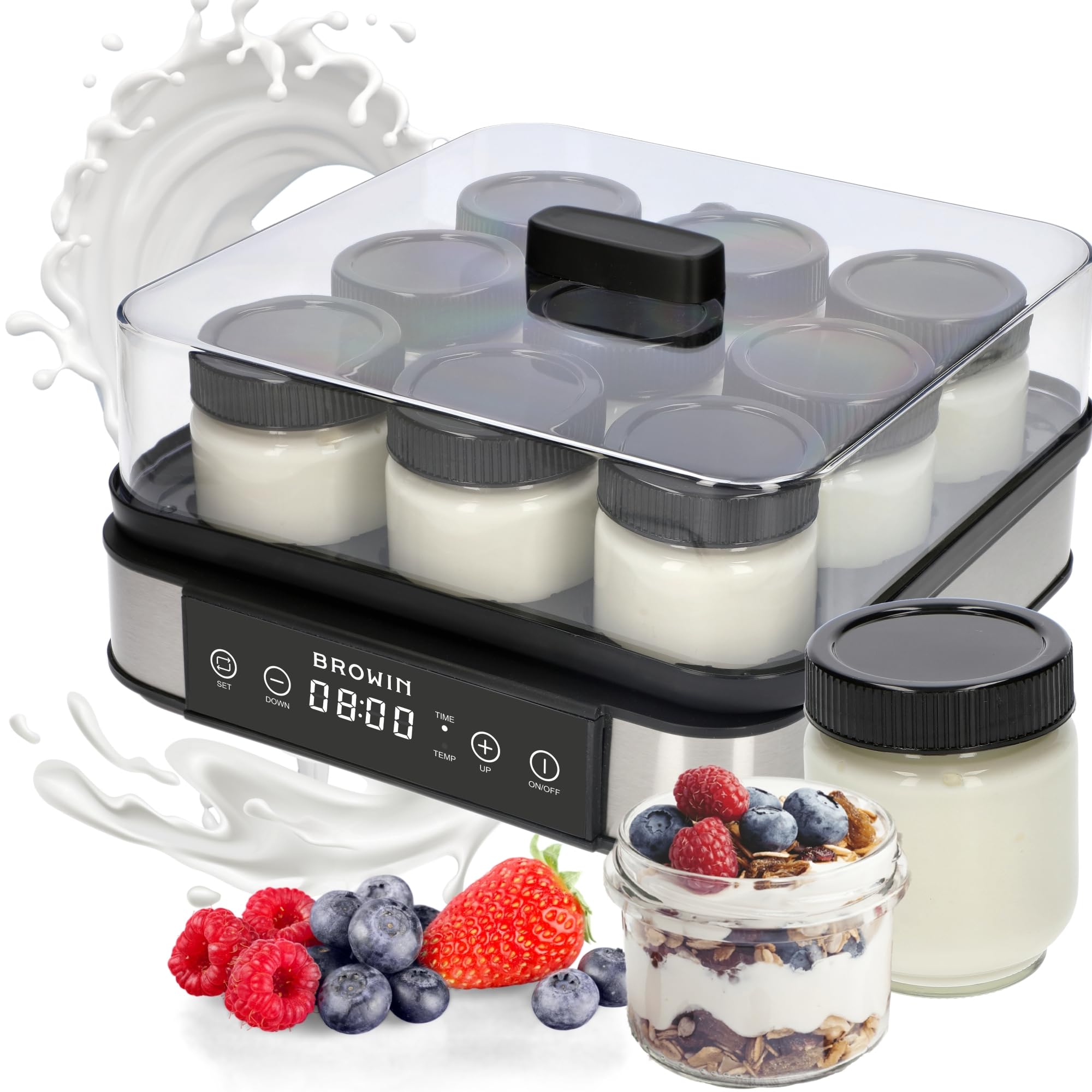 BROWIN Joghurt-Maker mit Thermostat, Joghurtbereiter mit 1,6 l Fassungsvermögen, 9 Gläser, Weiß | Temperaturbereich: 25-65°C | ür selbstgemachten Joghurt, enthält 9 Joghurtgläser mit Deckel