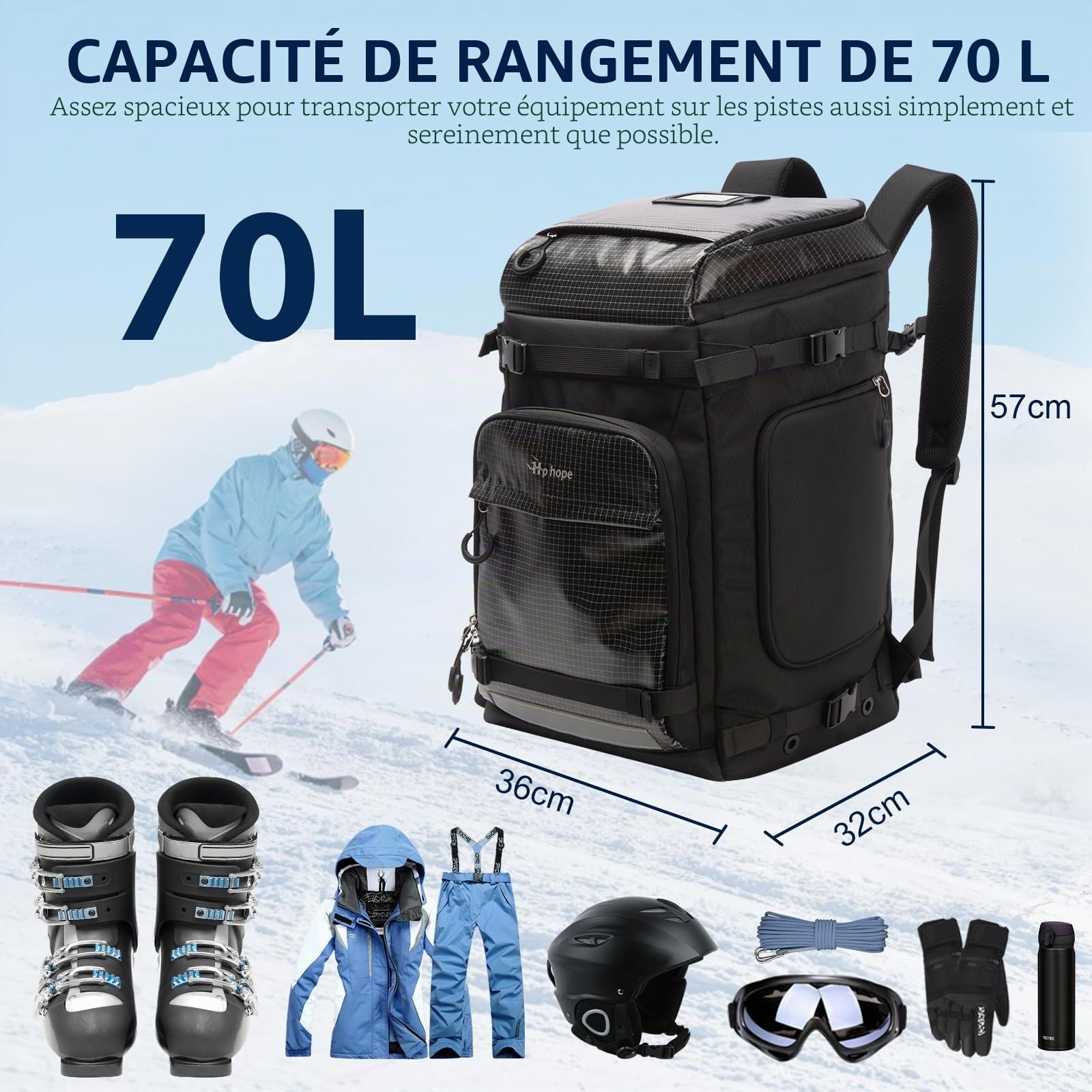Hp hope Sac à chaussures de ski avec compartiment pour casque Sac à dos de ski avec sac pour casque de ski Bottes de ski Patins à glace Snowboard Sac à dos Randonnée Camping 70L