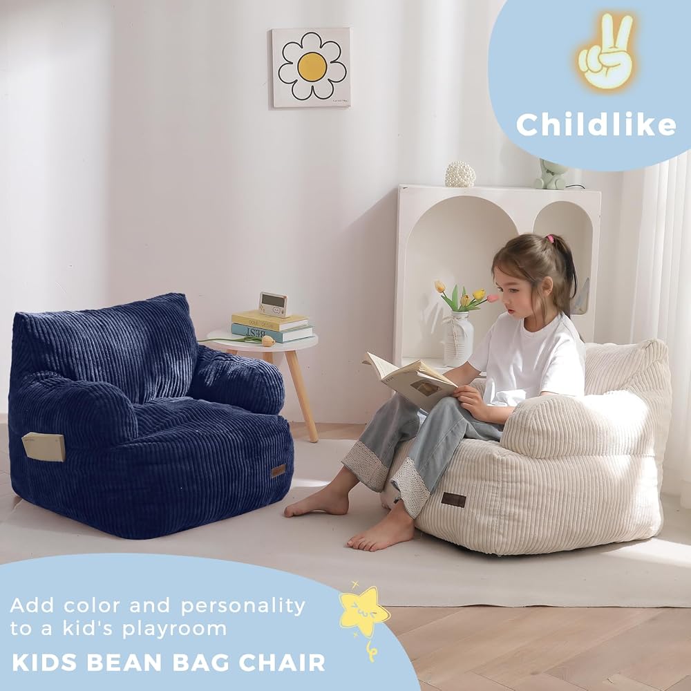 MAXYOYO Kids Bean Bag Chair, Stuffed Toddler Bean Bag Sofa with Filler Cozy for Boys and Girls, Lazy Sofa with Pocket Floor Chair for Gaming, Reading, Navy