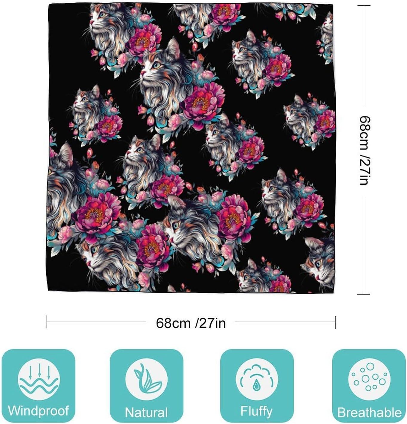 Boho Cute Cat Flowers Bandana Fashion Head Scarf Square Silk Scarf Print Neck Hair Scarfs for Women Men Gifts