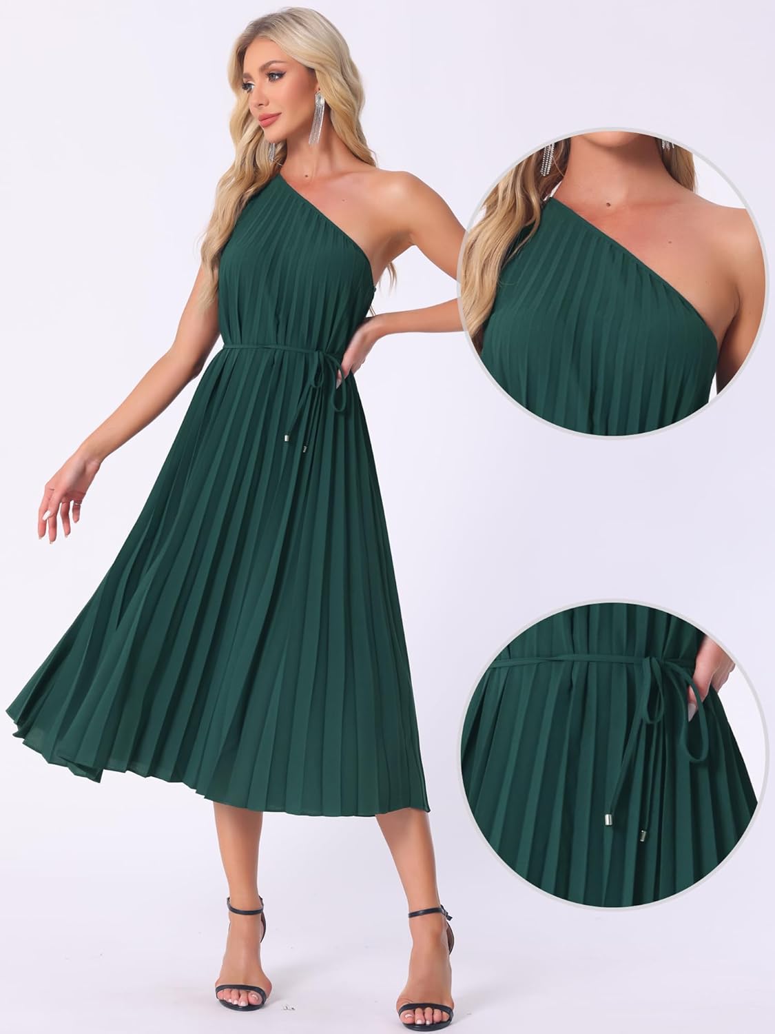 Allegra K Drawstring Pleated Dress for Women's One Shoulder Sleeveless Cocktail Dress - Image 2