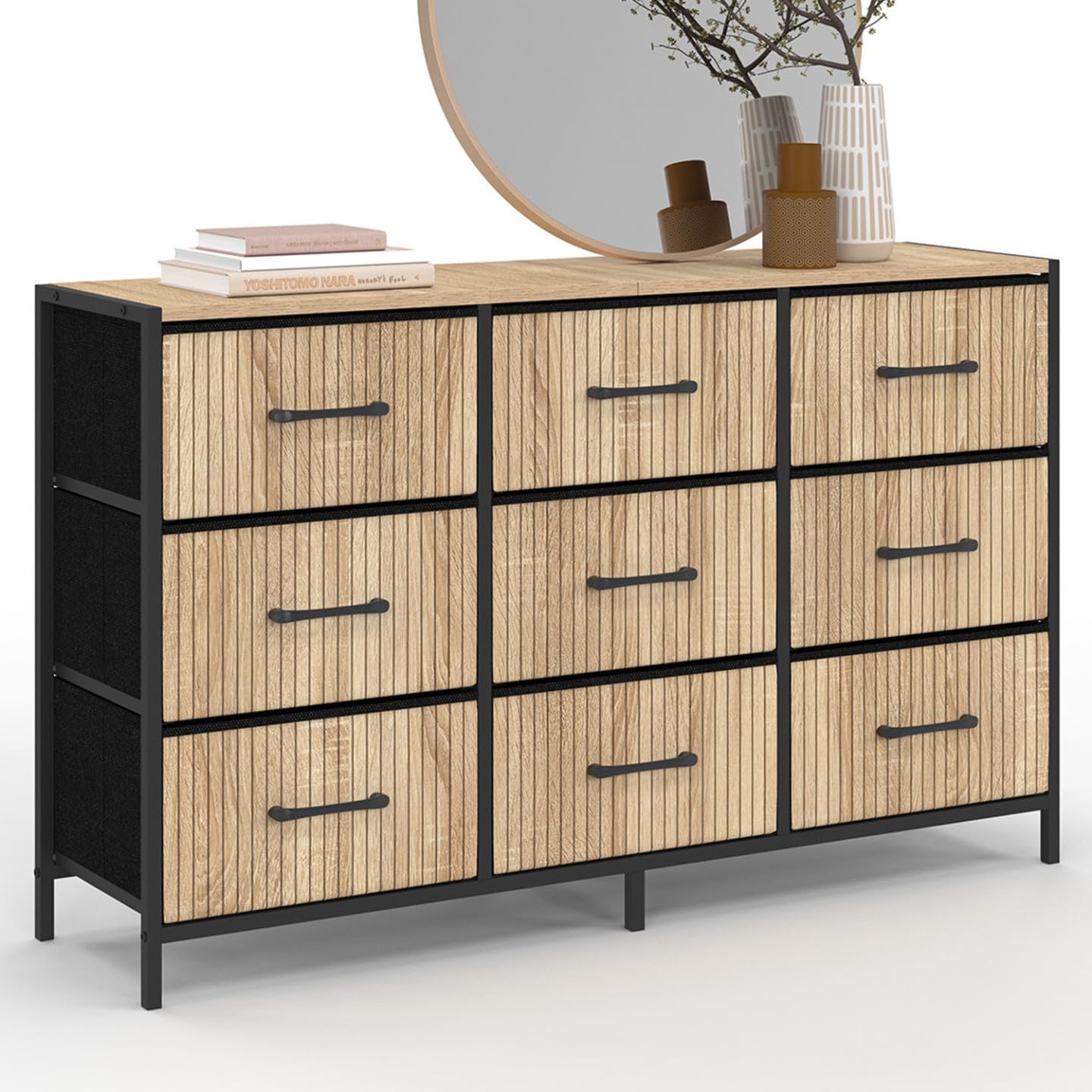 IDMarket - Commode 9 tiroirs en Tissu Utah 115 CM Effet Lattes Meuble de Rangement Design Industriel